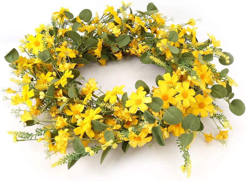 Artificial Spring Wreath 22 Inch Summer Wreaths for Front Door Yellow Daisy Wreath for Indoor Outdoor Home Decor and Easter Celebration - Image 3