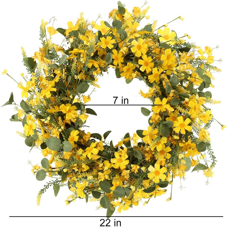 Artificial Spring Wreath 22 Inch Summer Wreaths for Front Door Yellow Daisy Wreath for Indoor Outdoor Home Decor and Easter Celebration - Image 4