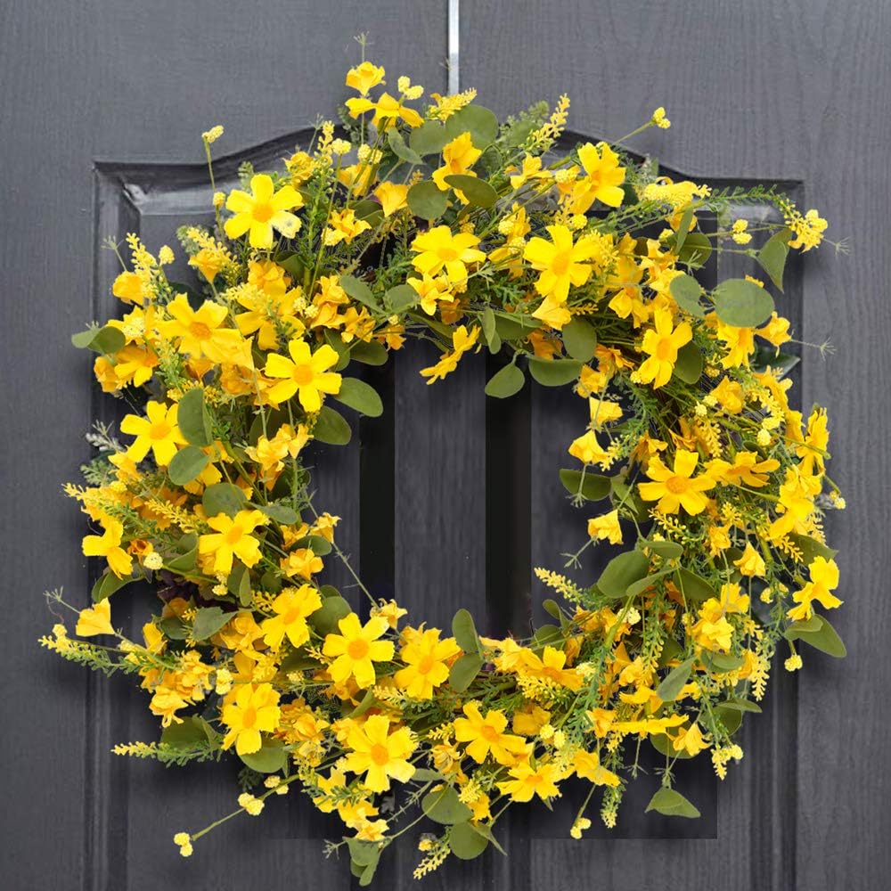 Artificial Spring Wreath 22 Inch Summer Wreaths for Front Door Yellow Daisy Wreath for Indoor Outdoor Home Decor and Easter Celebration - Image 5