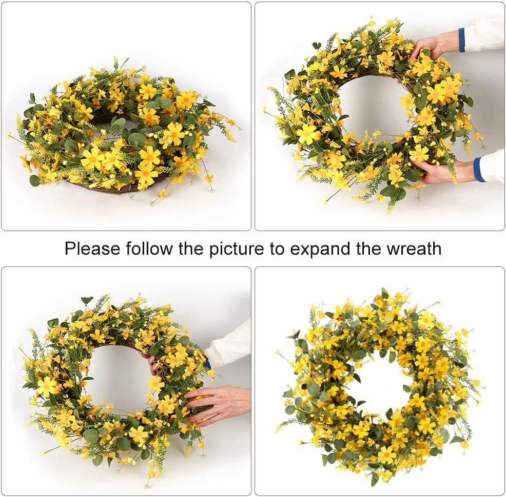 Artificial Spring Wreath 22 Inch Summer Wreaths for Front Door Yellow Daisy Wreath for Indoor Outdoor Home Decor and Easter Celebration - Image 6