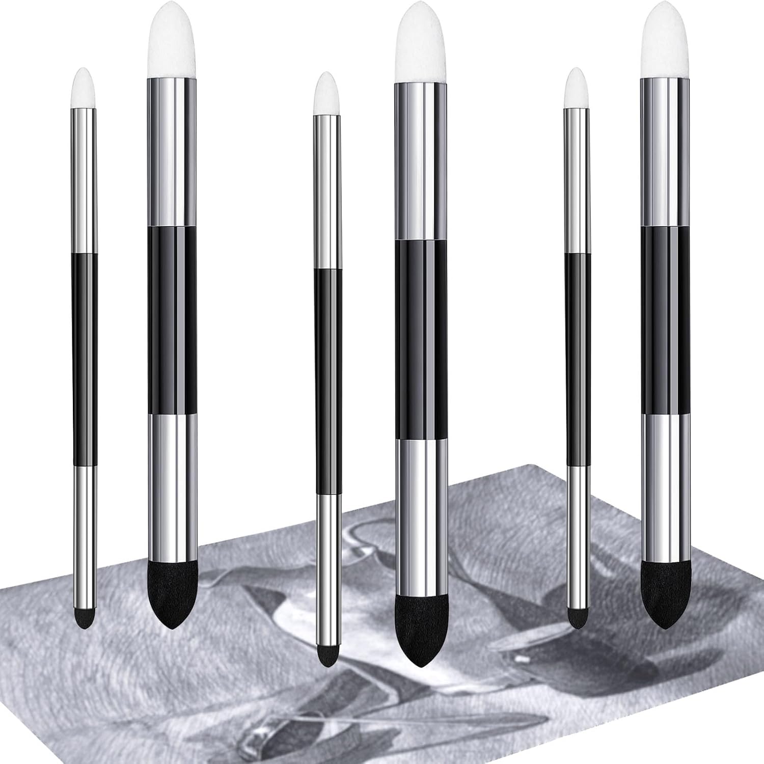 6 Pcs Blending Sponge Pen Double Headed Rub and Buff Washable Sketch Rubbing Sponge Brush Wipe Reusable Blending Stump Drawing Art Blenders for Artist Highlight Shadow Detail Tool (White,Black) - Image 1