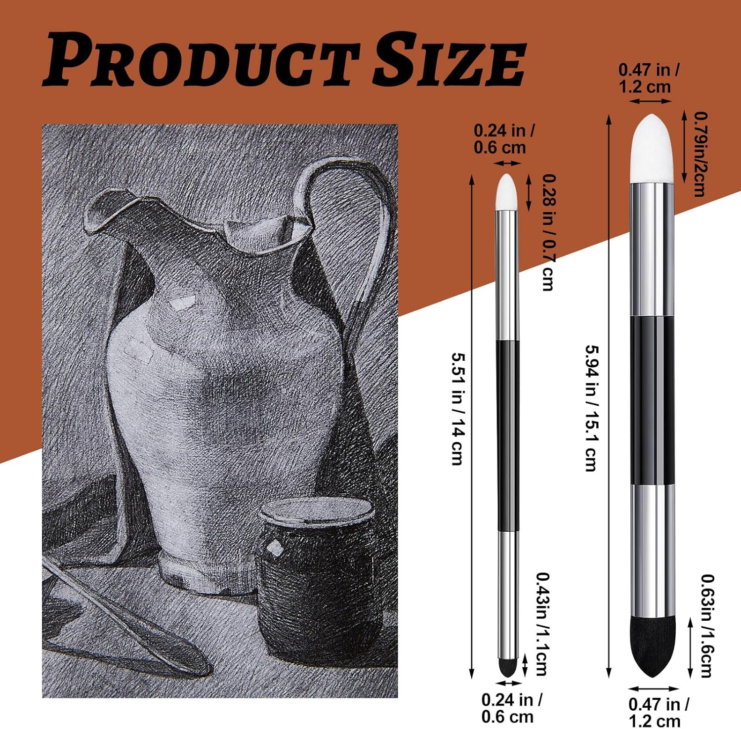6 Pcs Blending Sponge Pen Double Headed Rub and Buff Washable Sketch Rubbing Sponge Brush Wipe Reusable Blending Stump Drawing Art Blenders for Artist Highlight Shadow Detail Tool (White,Black) - Image 2