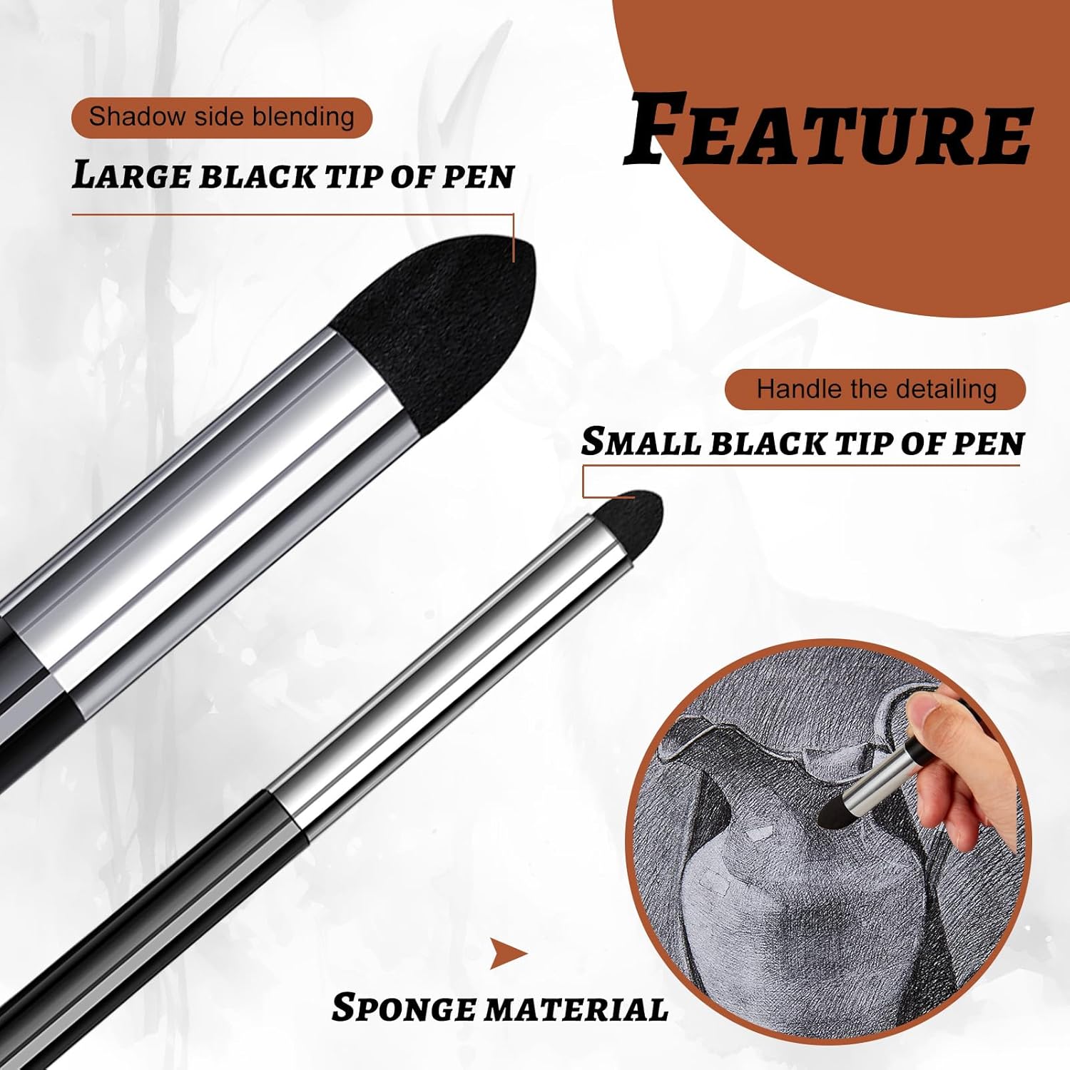 6 Pcs Blending Sponge Pen Double Headed Rub and Buff Washable Sketch Rubbing Sponge Brush Wipe Reusable Blending Stump Drawing Art Blenders for Artist Highlight Shadow Detail Tool (White,Black) - Image 4
