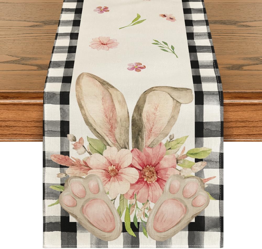 Buffalo Plaid Bunny Ear Foot Flower Easter Table Runner, Seasonal Spring Kitchen Dining Table Decoration for Home Party Decor 13x72 Inch - Image 1