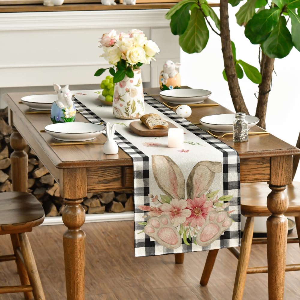 Buffalo Plaid Bunny Ear Foot Flower Easter Table Runner, Seasonal Spring Kitchen Dining Table Decoration for Home Party Decor 13x72 Inch - Image 3