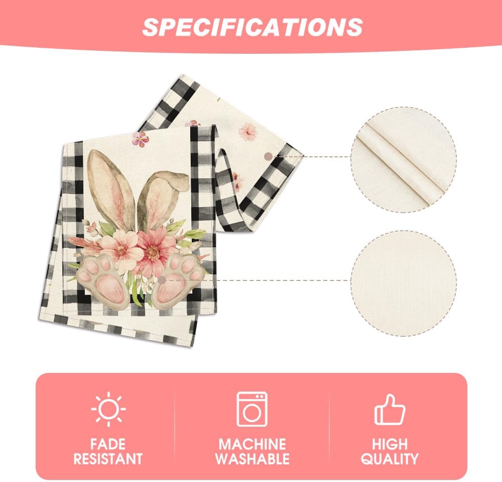 Buffalo Plaid Bunny Ear Foot Flower Easter Table Runner, Seasonal Spring Kitchen Dining Table Decoration for Home Party Decor 13x72 Inch - Image 5