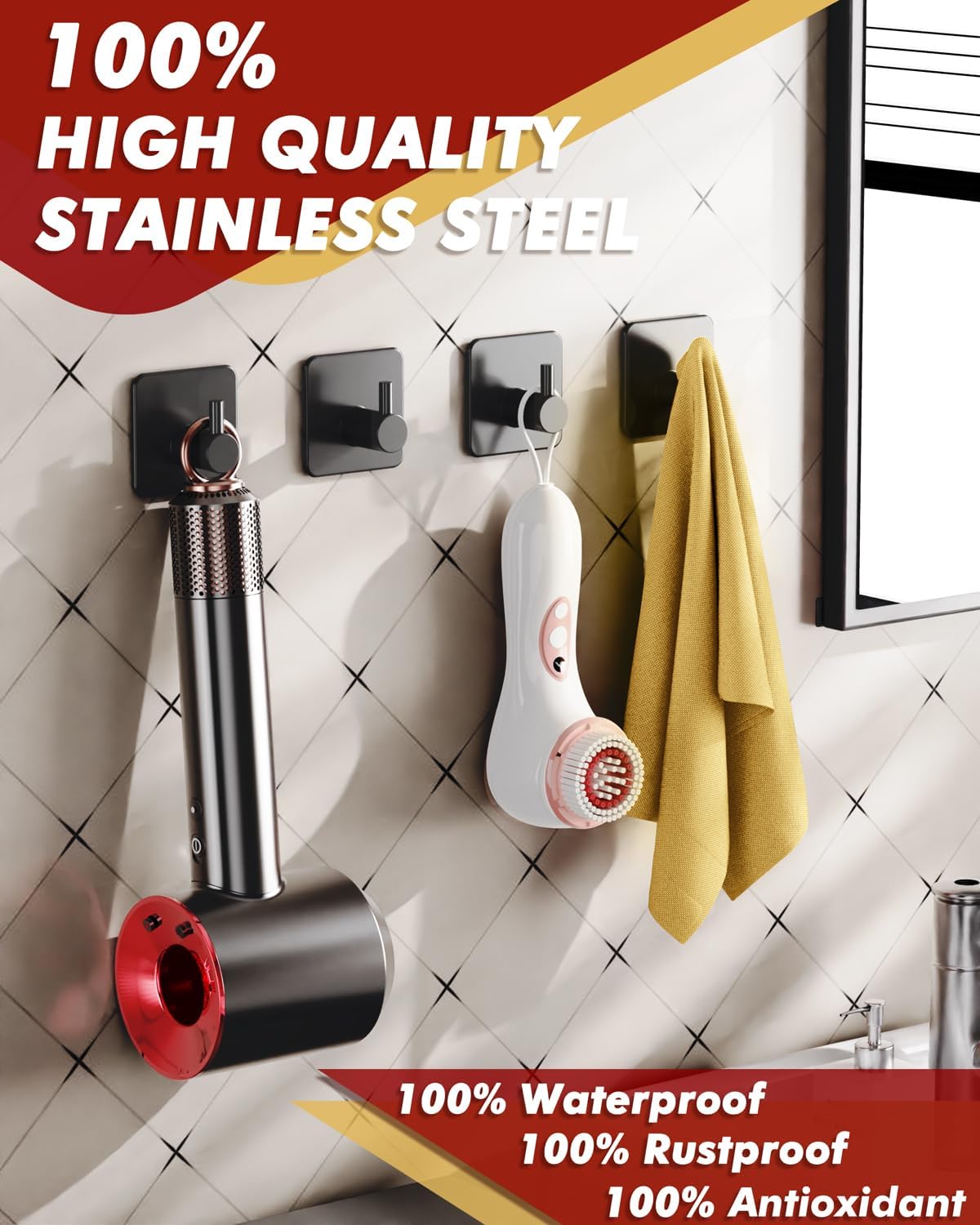 Adhesive Hooks Heavy Duty 22lb(Max) Towel Hooks for Shower, 5 Pack Self Adhesive Damage Free Wall Hooks, Stainless Steel for Coat Robe, Waterproof Oilproof Rustproof for Bathroom Kitchen Office - Image 2