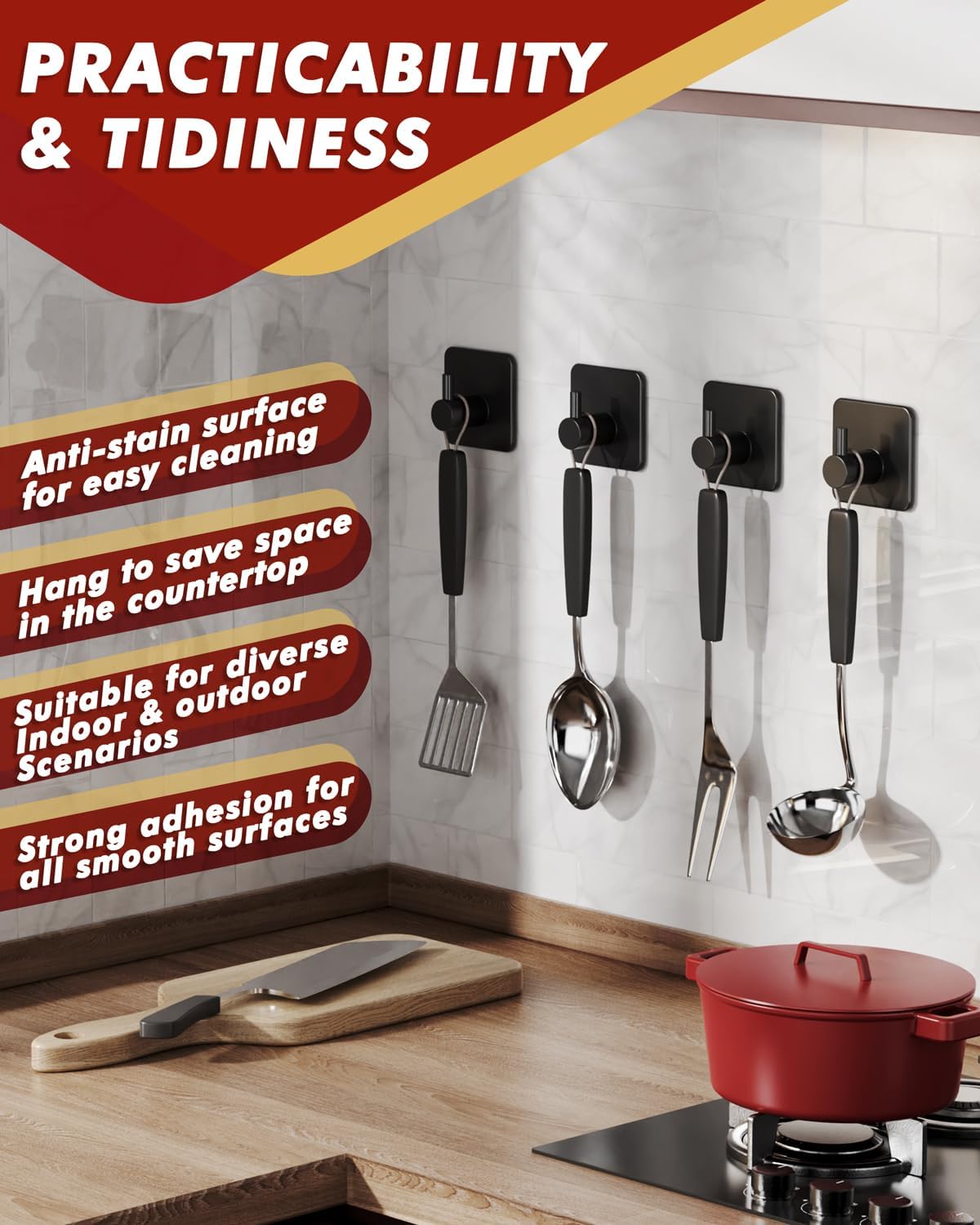 Adhesive Hooks Heavy Duty 22lb(Max) Towel Hooks for Shower, 5 Pack Self Adhesive Damage Free Wall Hooks, Stainless Steel for Coat Robe, Waterproof Oilproof Rustproof for Bathroom Kitchen Office - Image 5