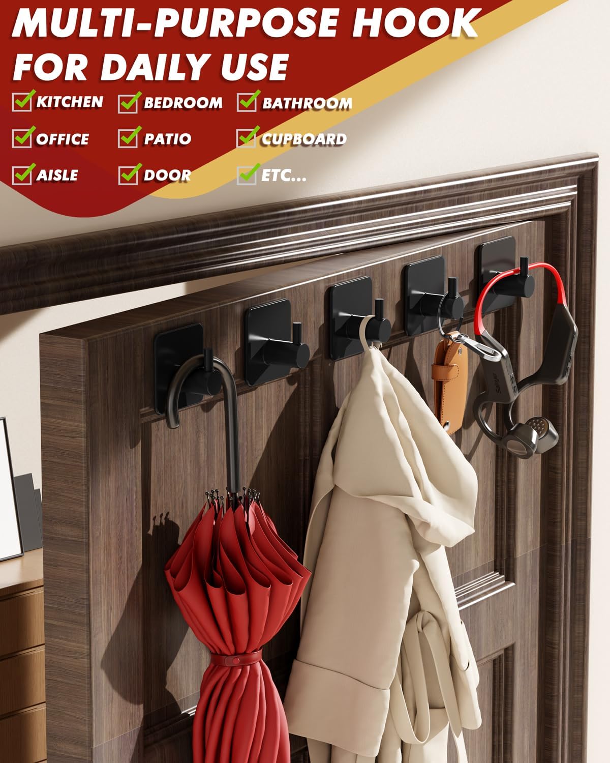 Adhesive Hooks Heavy Duty 22lb(Max) Towel Hooks for Shower, 5 Pack Self Adhesive Damage Free Wall Hooks, Stainless Steel for Coat Robe, Waterproof Oilproof Rustproof for Bathroom Kitchen Office - Image 6