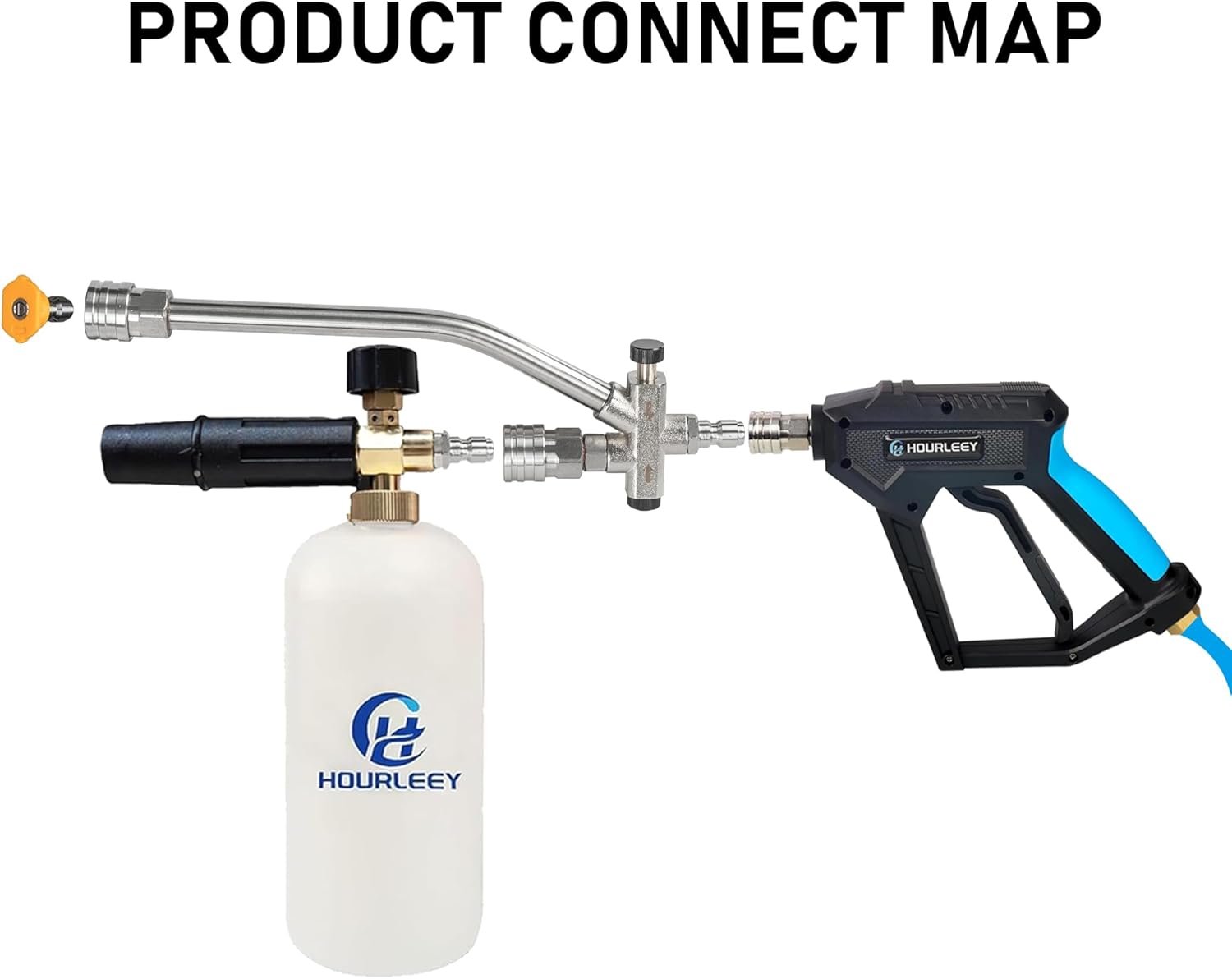 Foam Cannon Dual-Connector Accessory, Pressure Washer Double Tip Attachment for Soap Cannon with 5 Power Washer Sprayer Nozzles, 1/4