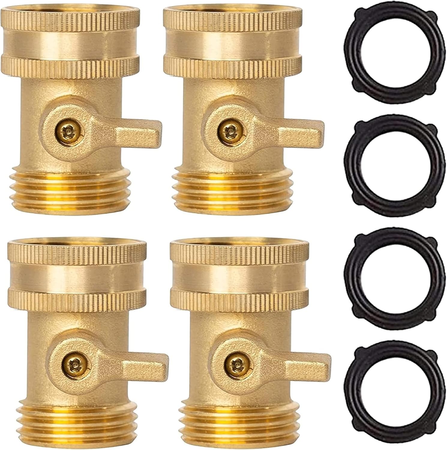 Brass Garden Hose Shut Off Valve, 4 Pack Heavy Duty 3/4 Inch Solid Brass Garden Hose Shut Off Valve with 4 Extra Rubber Washers - Image 1