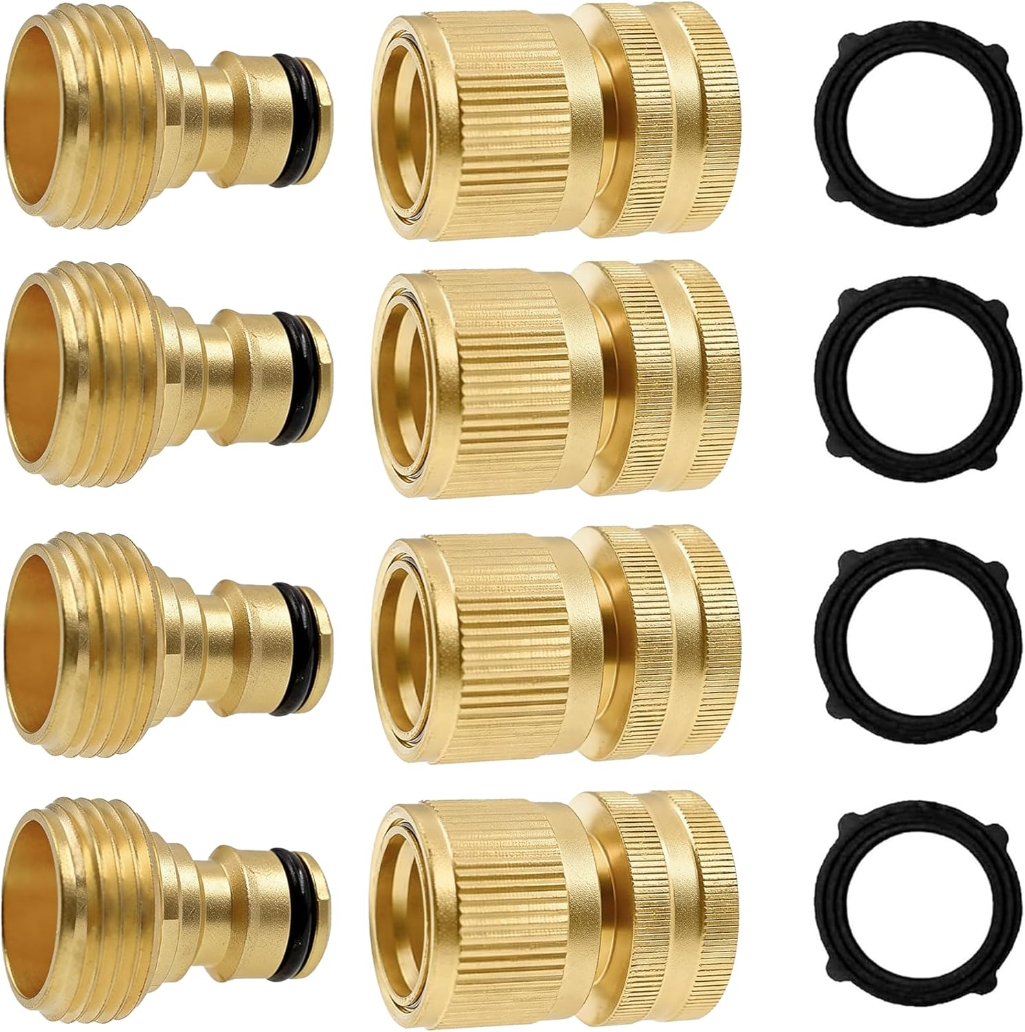 Garden Hose Quick Connector, Solid Brass 3/4 Inch GHT Thread Garden Quick Connect Kit, Male and Female No-Leak Water Hose Fittings (4 Set) - Image 1