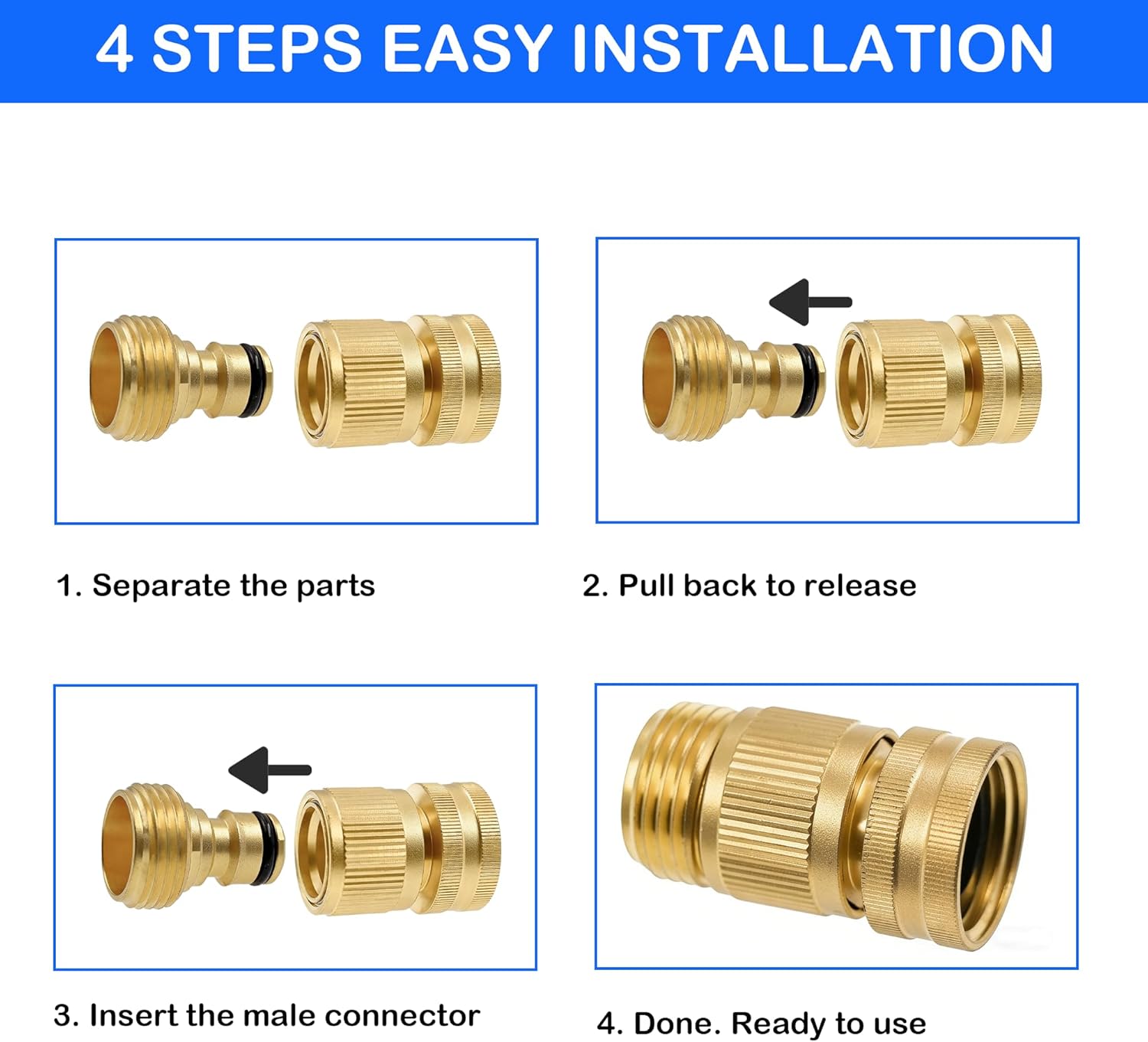 Garden Hose Quick Connector, Solid Brass 3/4 Inch GHT Thread Garden Quick Connect Kit, Male and Female No-Leak Water Hose Fittings (4 Set) - Image 5