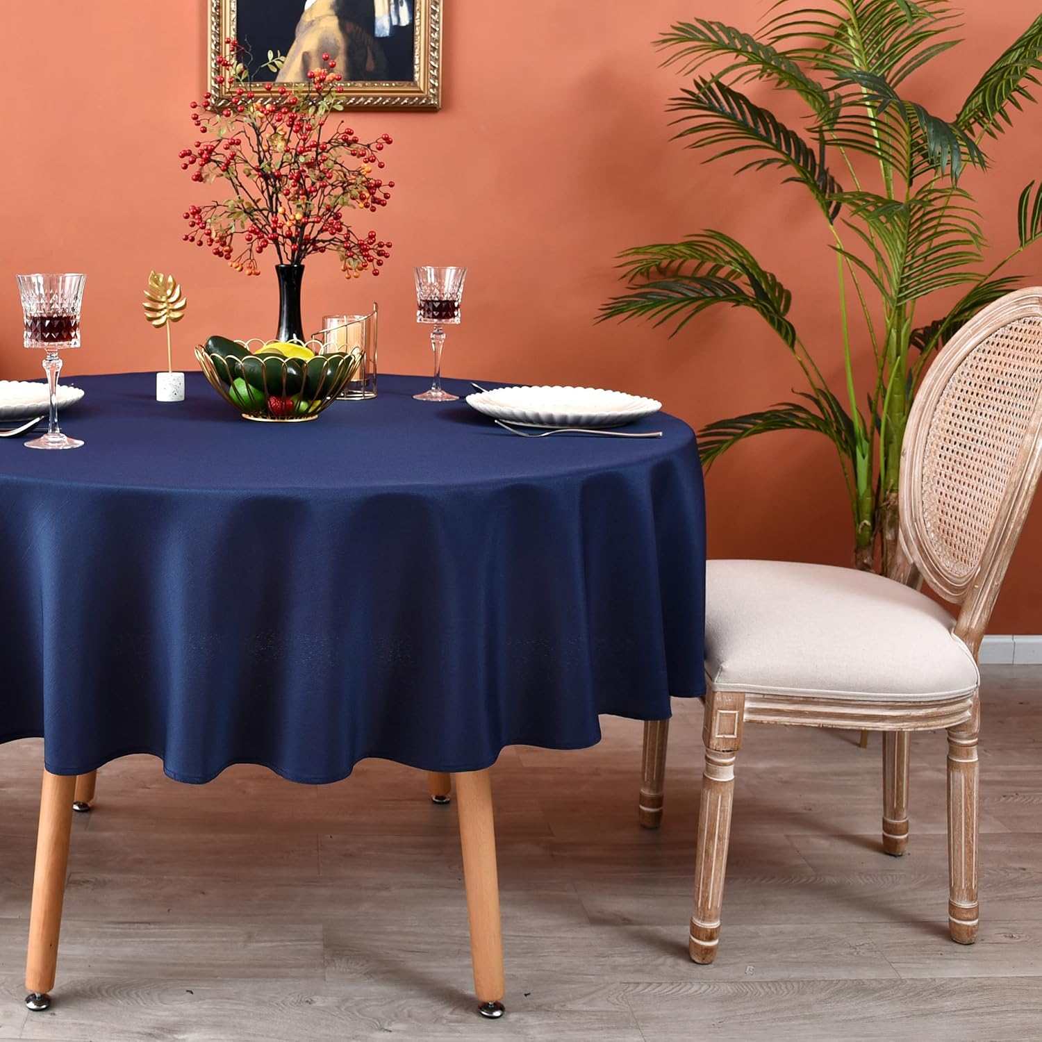 Navy Blue 210 GSM Water & Stain Resistant Round Tablecloth for Circle Table - Solid 48 Inch Table Cloth Cover in Wrinkle Free Durable Washable Polyester Fabric for Wedding, Party, Banquet - Image 1