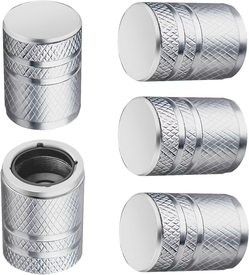 Tire Valve Stem Caps - (5 Pack) Metal Air Caps with Plastic Liner, Corrosion Resistant, Leak-Proof, Universal Stem Covers for Cars Trucks Motorcycles and Bikes - Silver - Image 1