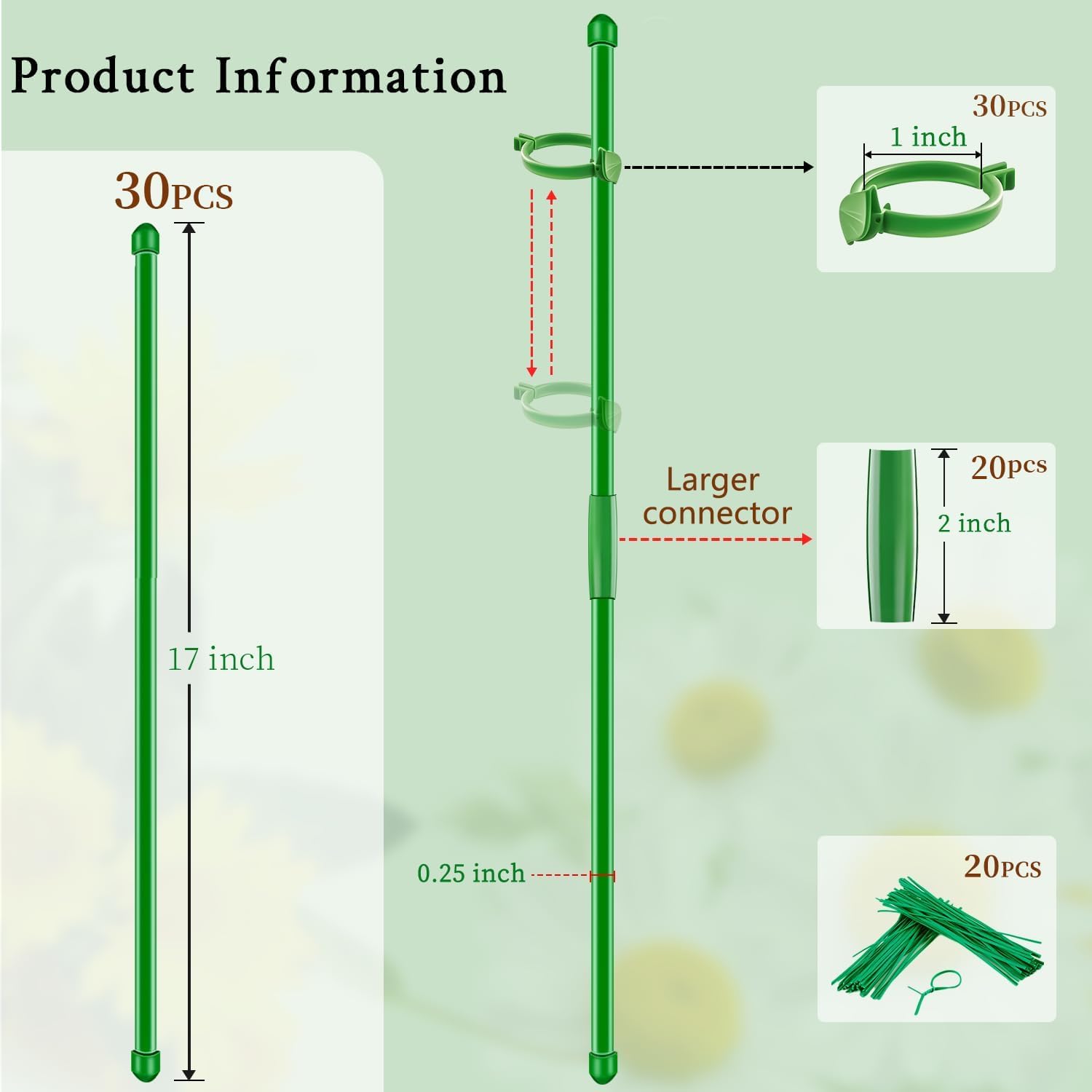 20Pcs Plant Support Stakes 17 inch  Garden Orchid Sticks Extended to 3ft 4ft 5ft Plant Poles with Clips for Indoor Outdoor Potted Tomato Rose Amaryllis Vegetables Comes with 20 Ties - Image 2