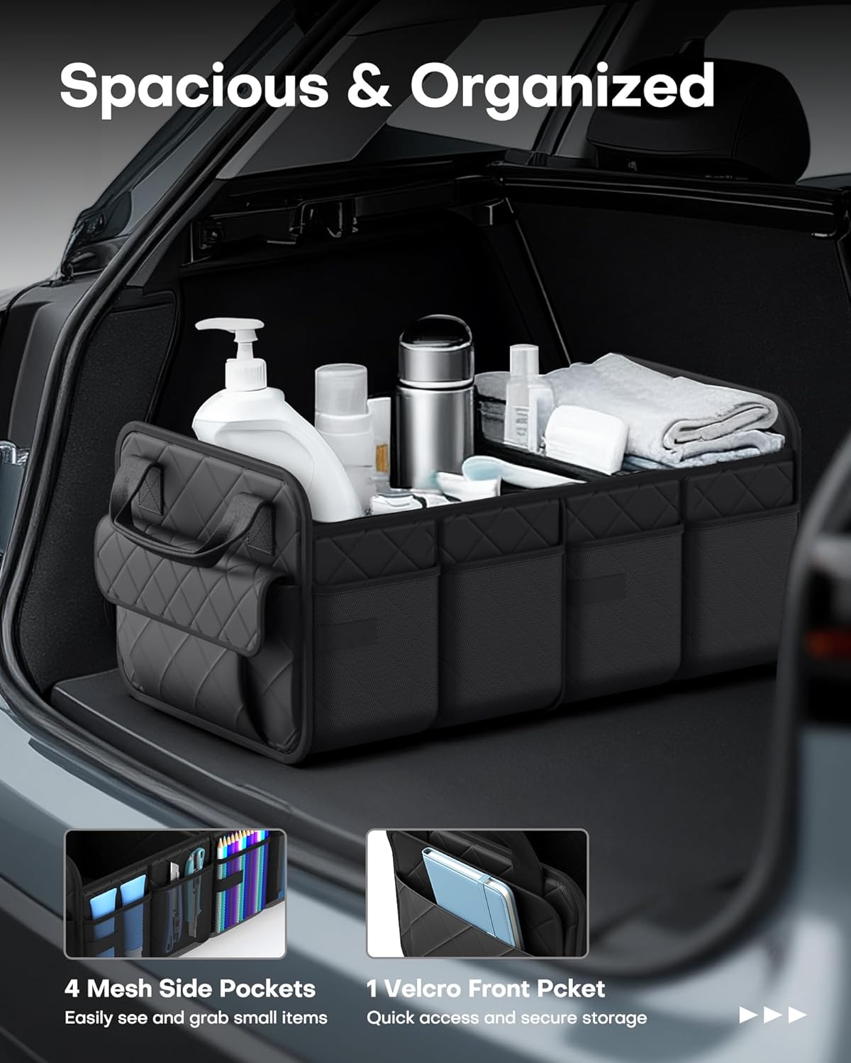 Trunk Organizer for SUV – Foldable & Portable Car Organizers and Storage with 2 Compartments, Large Capacity Car Trunk Organizer Car Accessories for Truck Sedan, Black, 21.7