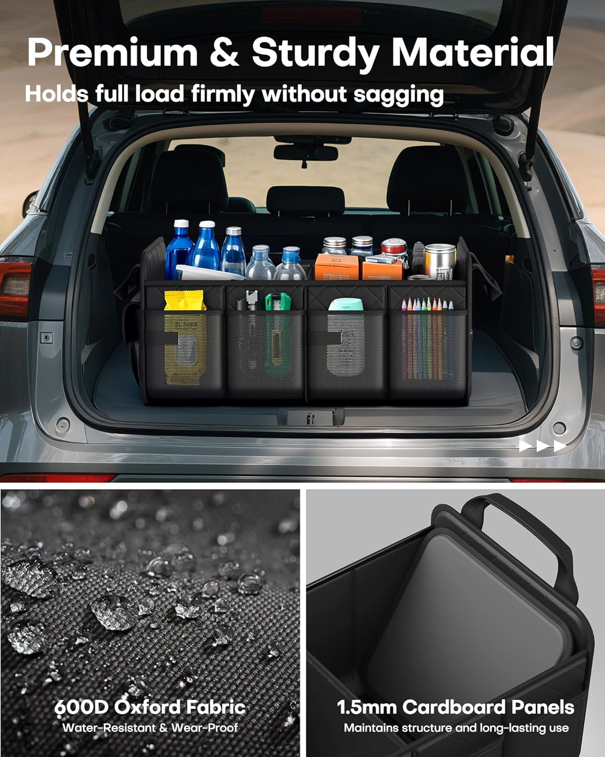 Trunk Organizer for SUV – Foldable & Portable Car Organizers and Storage with 2 Compartments, Large Capacity Car Trunk Organizer Car Accessories for Truck Sedan, Black, 21.7