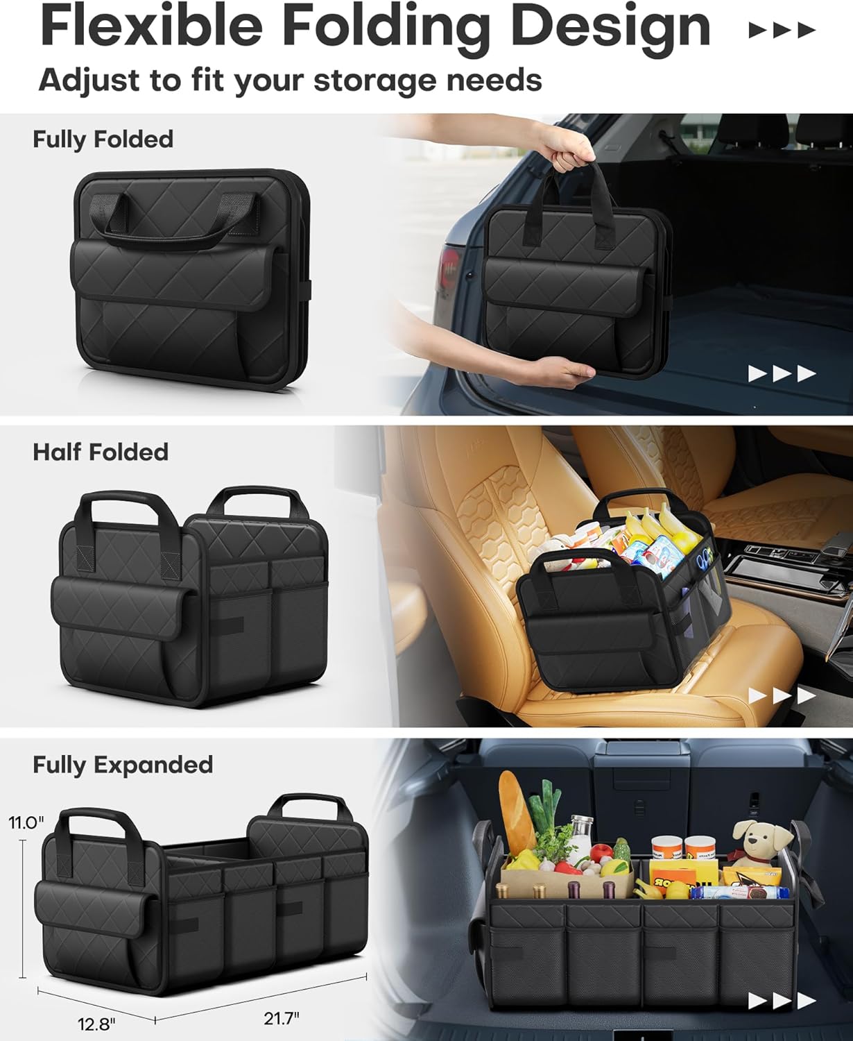 Trunk Organizer for SUV – Foldable & Portable Car Organizers and Storage with 2 Compartments, Large Capacity Car Trunk Organizer Car Accessories for Truck Sedan, Black, 21.7