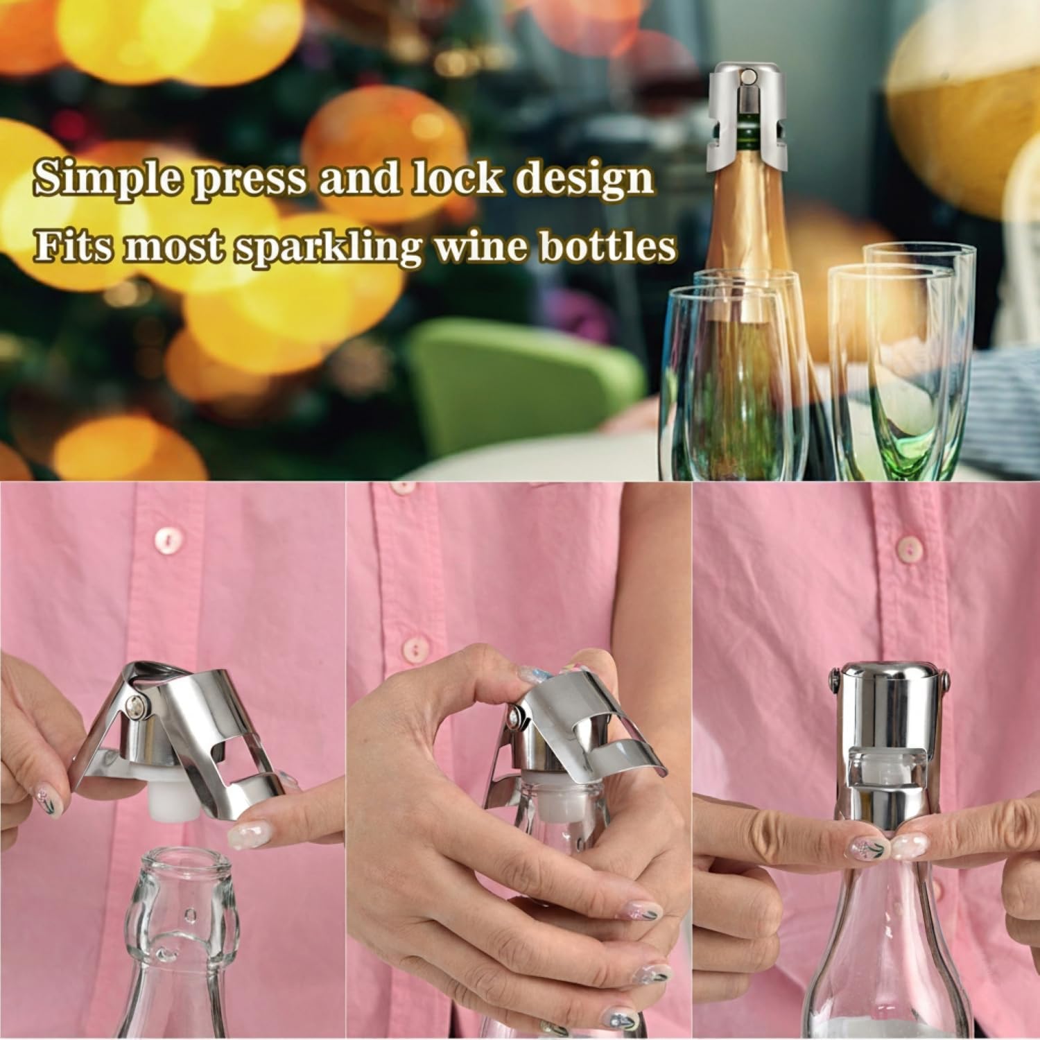 Pack of 6 Stainless Steel Champagne Stoppers, Prosecco, Sparkling Wine Bottle Stopper, Cork - Image 7
