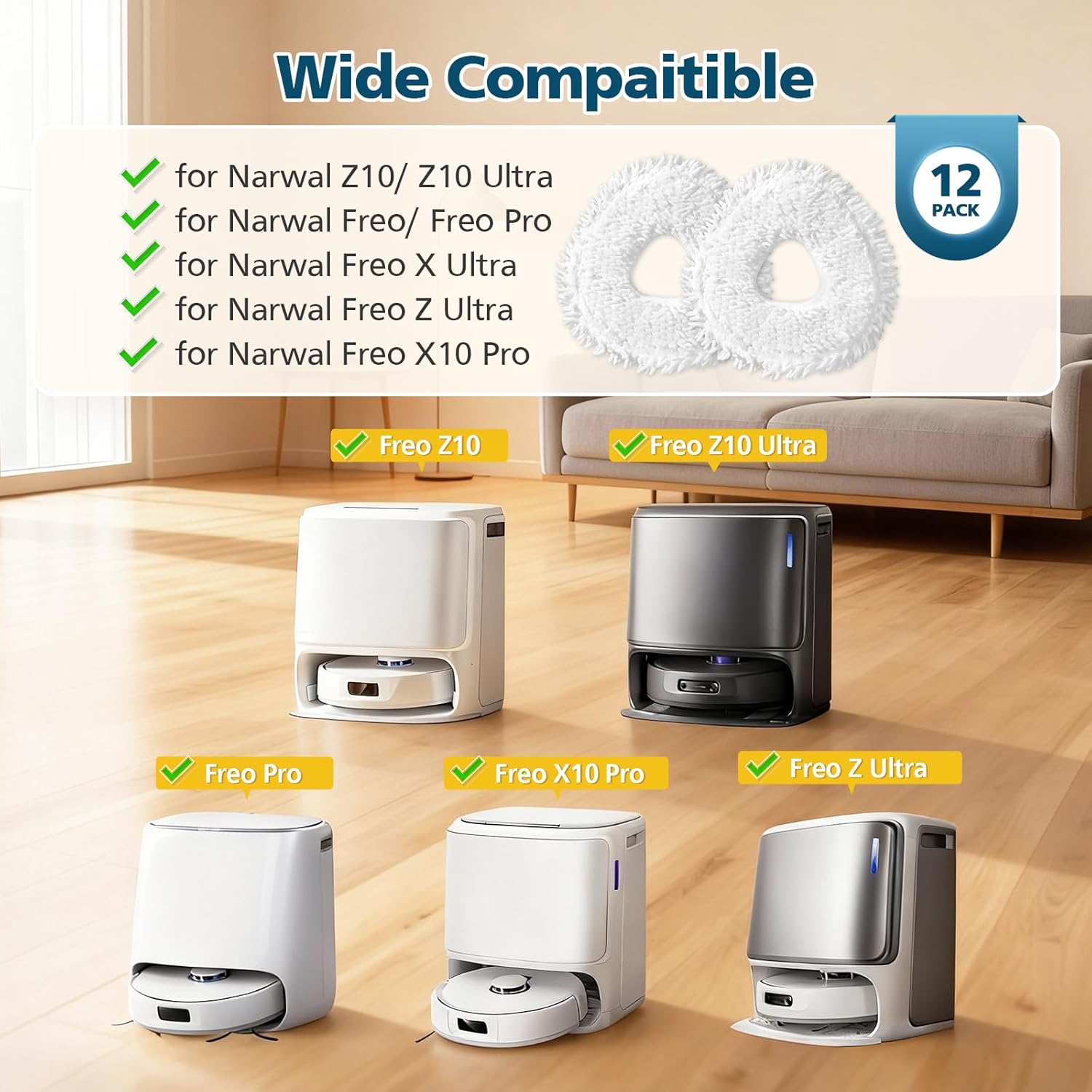 12-Pack Replacement Mop Pads for Narwal Freo, Freo Pro, Freo X Ultra, Z Ultra, Freo Z10 & X10 Pro Robot Vacuum & Mop, Washable Reusable Microfiber Robot Vacuum Mop Pads - Image 2