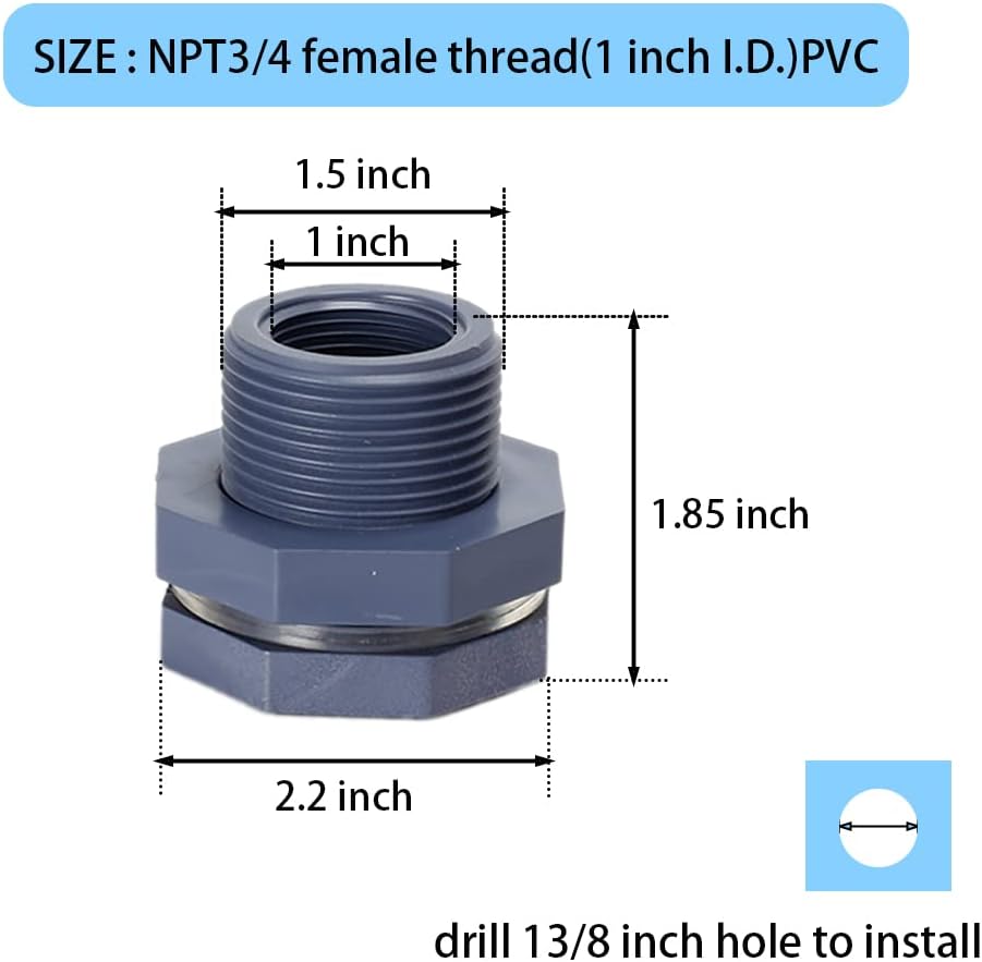 2 Pieces 3/4 Inch PVC Bulkhead Fitting for Water Barrel, Water Tank, Rain Barrels,NPT3/4 female thread(1 inch I.D.) PVC - Image 2