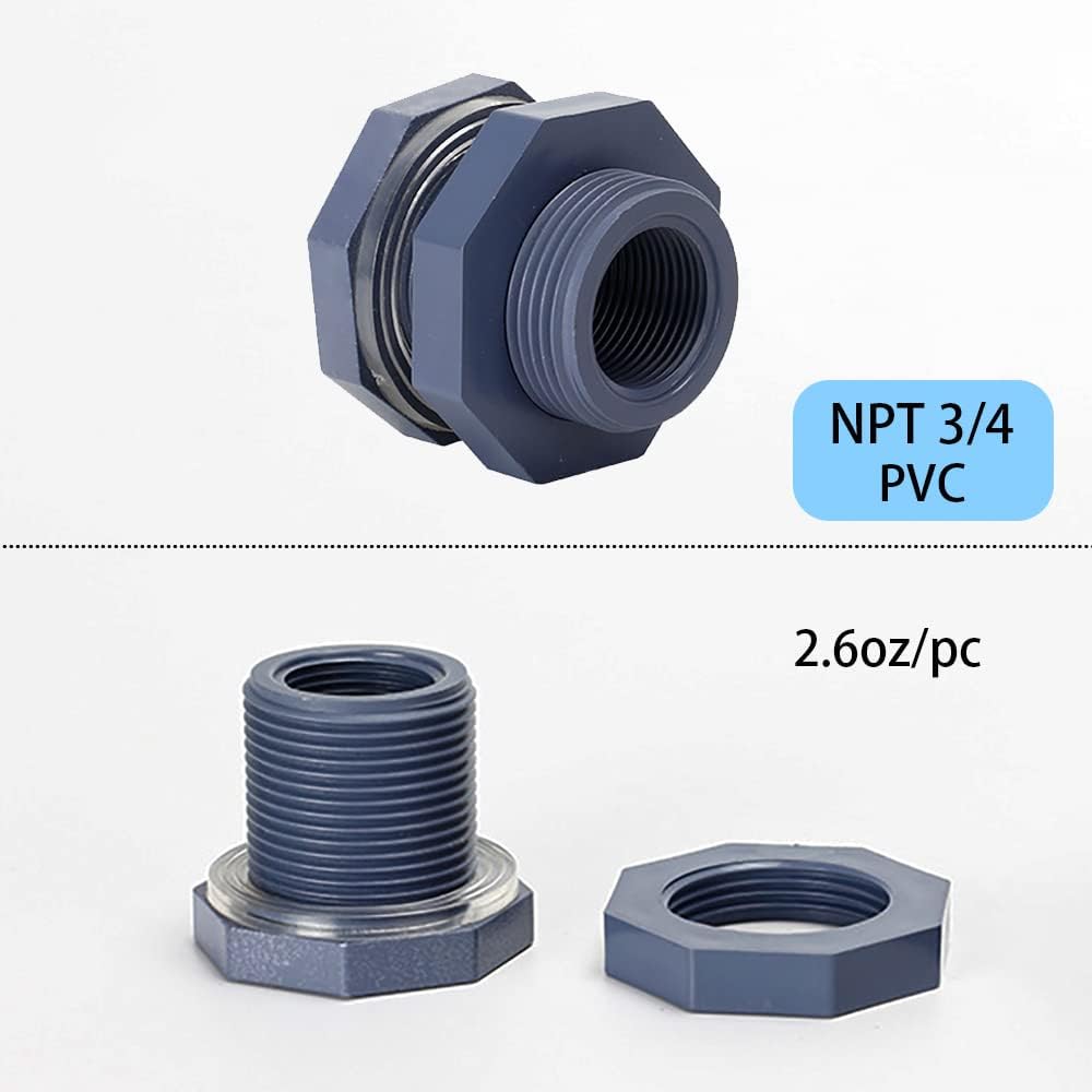 2 Pieces 3/4 Inch PVC Bulkhead Fitting for Water Barrel, Water Tank, Rain Barrels,NPT3/4 female thread(1 inch I.D.) PVC - Image 3