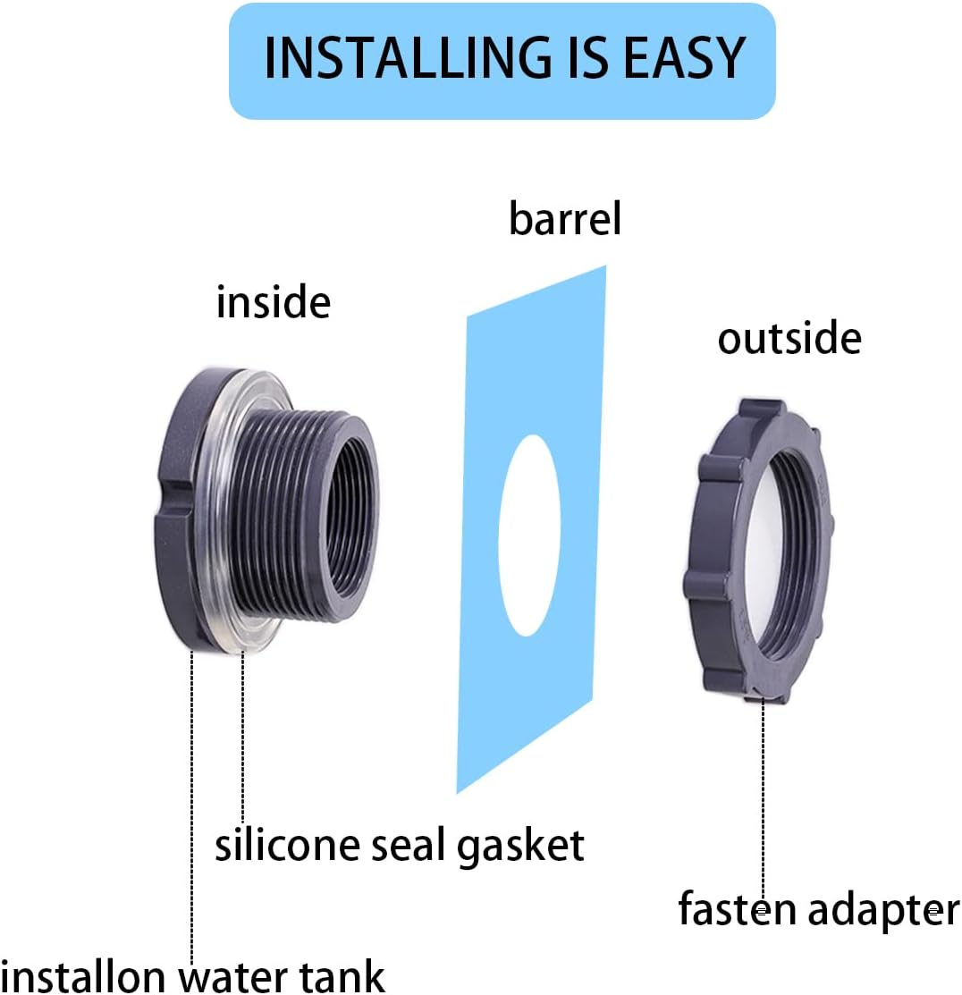 2 Pieces 3/4 Inch PVC Bulkhead Fitting for Water Barrel, Water Tank, Rain Barrels,NPT3/4 female thread(1 inch I.D.) PVC - Image 4