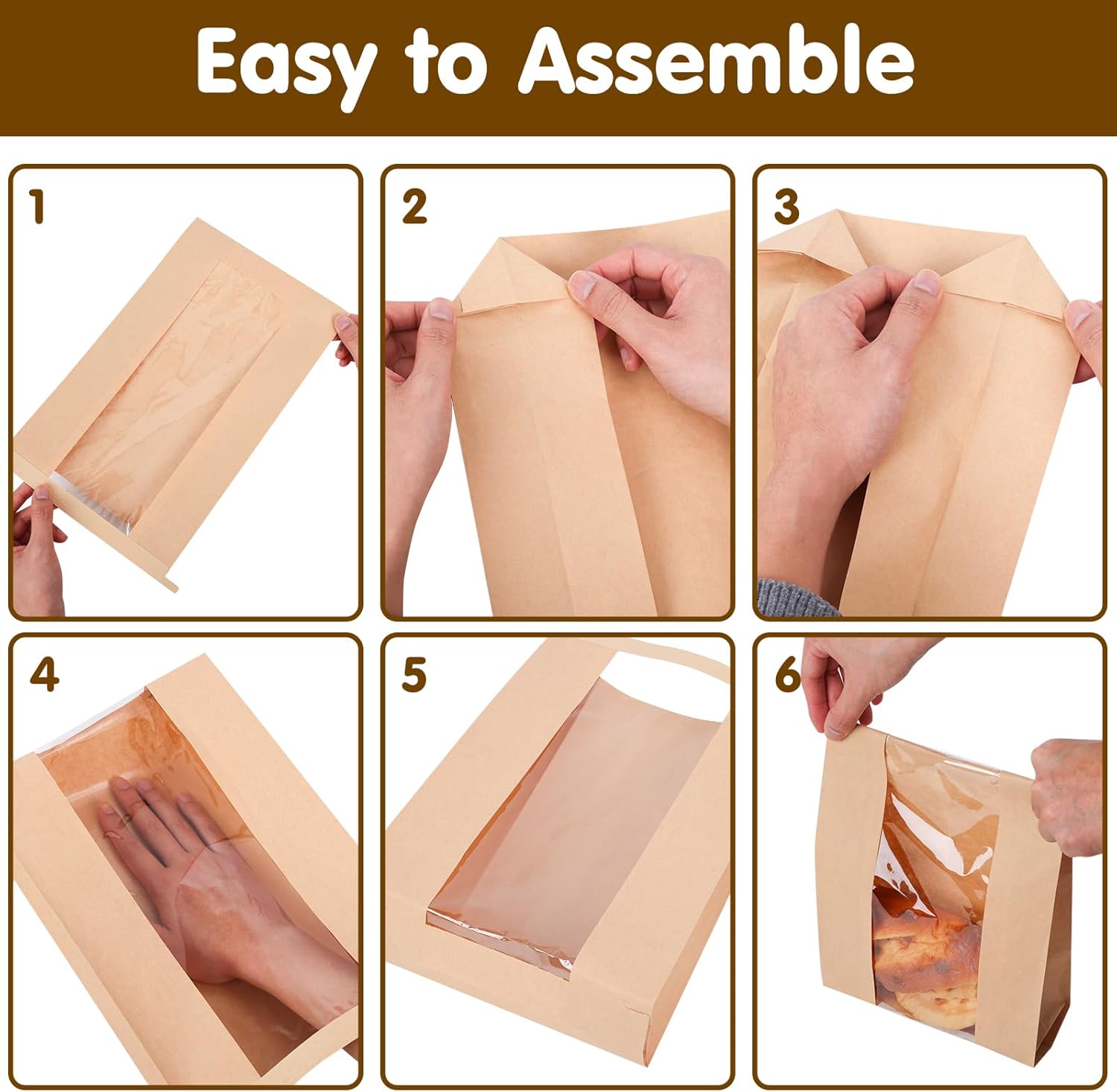 120 Pack Large Paper Bread Bags for Homemade Bread, 13.7x8.3x3.5 Inches, Sourdough Bread Bags with Tin Tie Tab and Clear Front Window, Includes 144 Label Seal Stickers (Brown) - Image 3