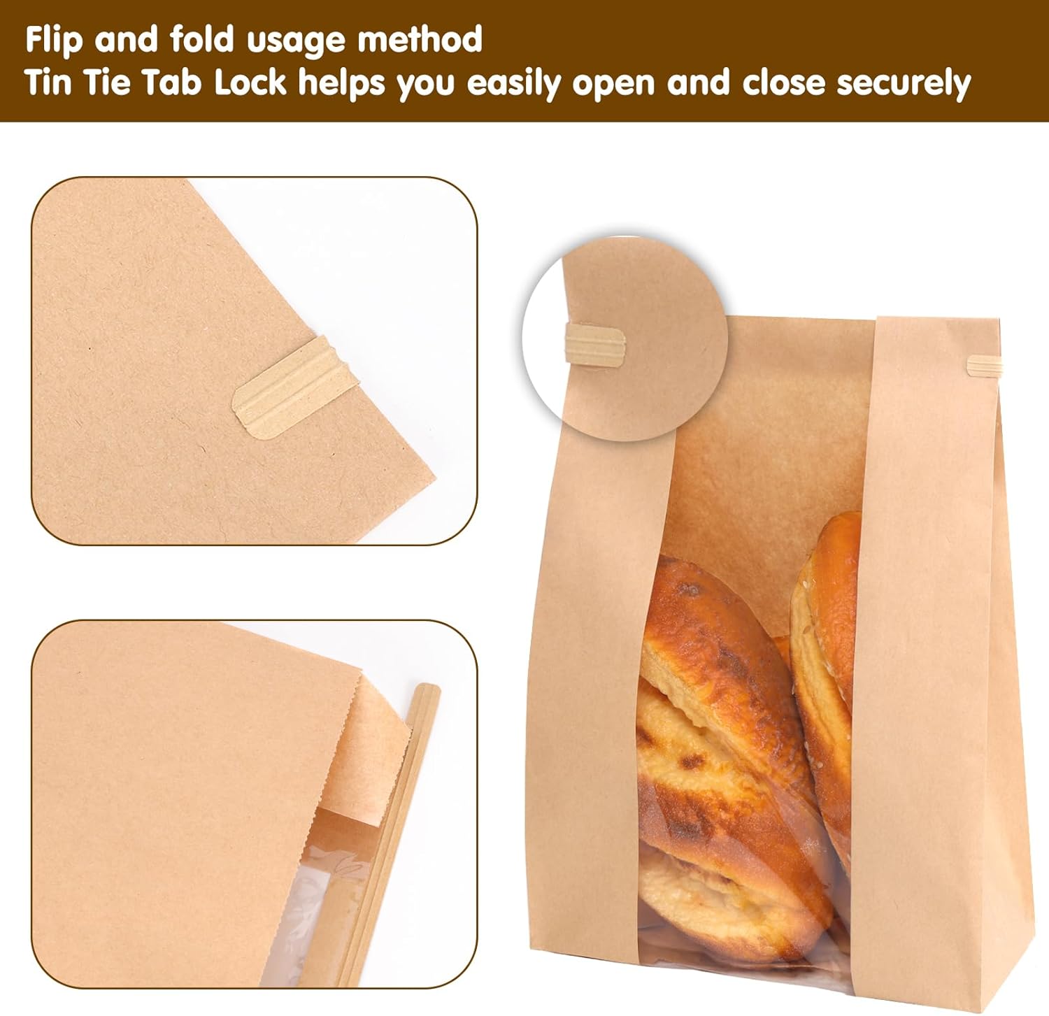 120 Pack Large Paper Bread Bags for Homemade Bread, 13.7x8.3x3.5 Inches, Sourdough Bread Bags with Tin Tie Tab and Clear Front Window, Includes 144 Label Seal Stickers (Brown) - Image 4
