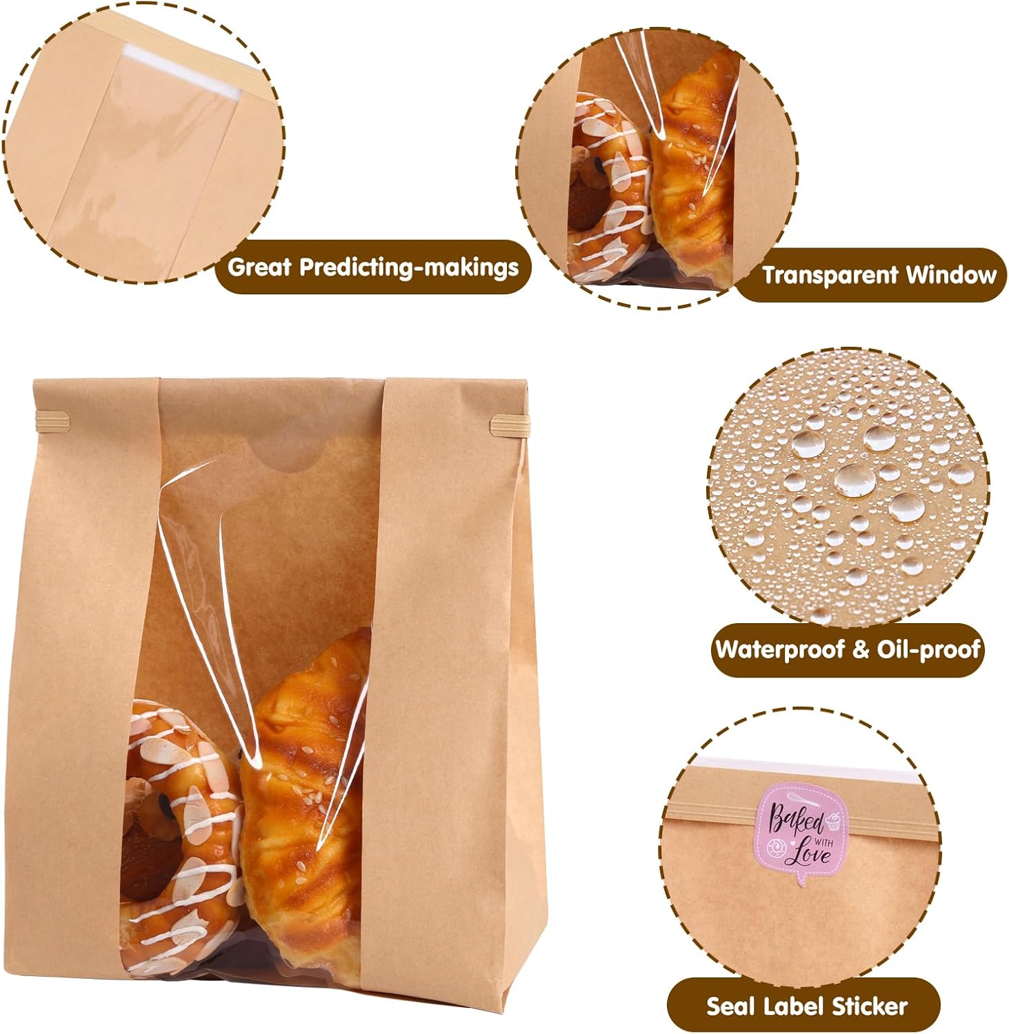 120 Pack Large Paper Bread Bags for Homemade Bread, 13.7x8.3x3.5 Inches, Sourdough Bread Bags with Tin Tie Tab and Clear Front Window, Includes 144 Label Seal Stickers (Brown) - Image 5