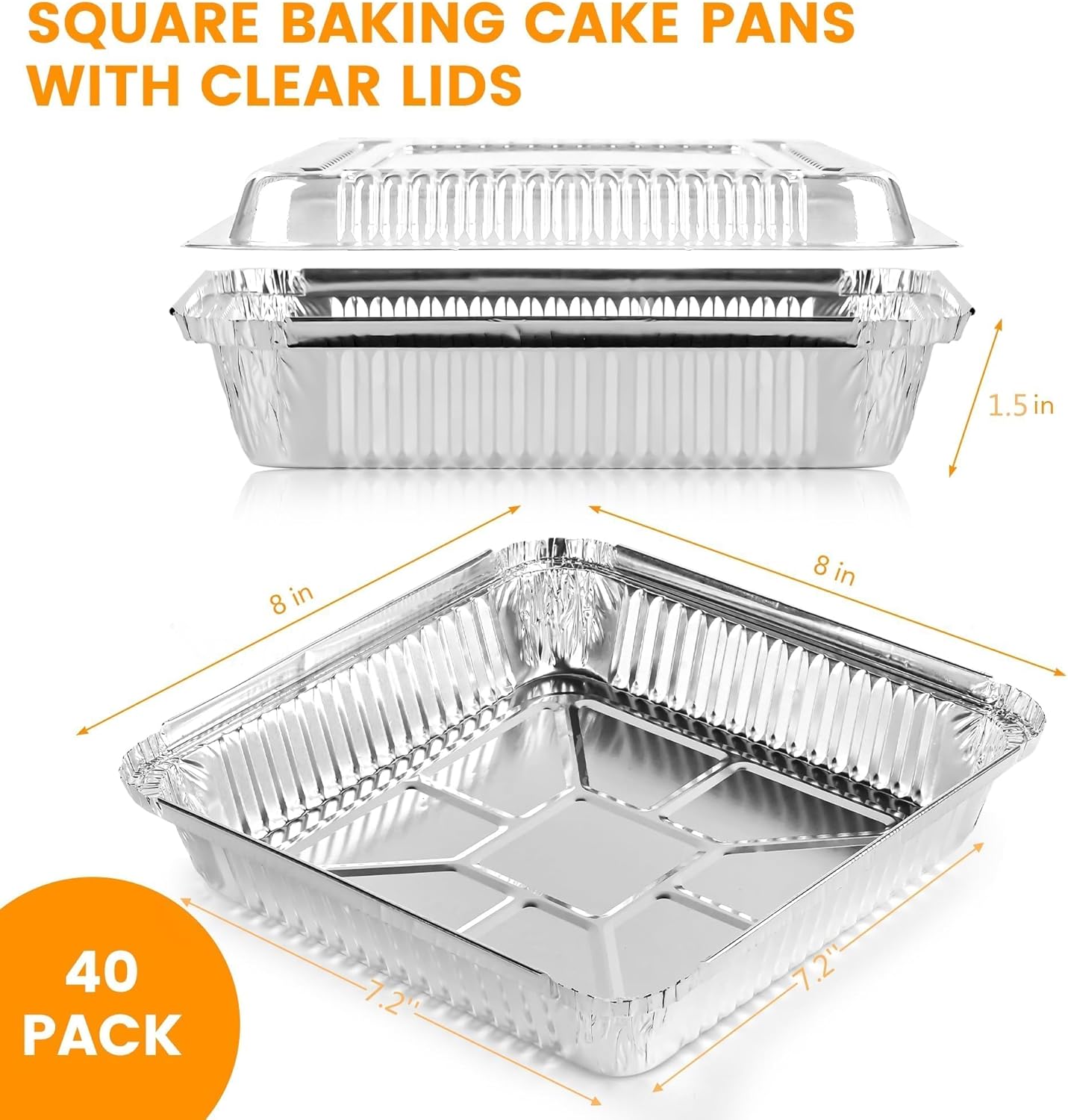 40 Pack 8x8 Inch Aluminum Pans with Clear Plastic Lids - Square Baking Cake Pans - Foil Pans with Lids - Disposable Food Containers Great for Cooking, Heating, Storing, Prepping Food - Image 2