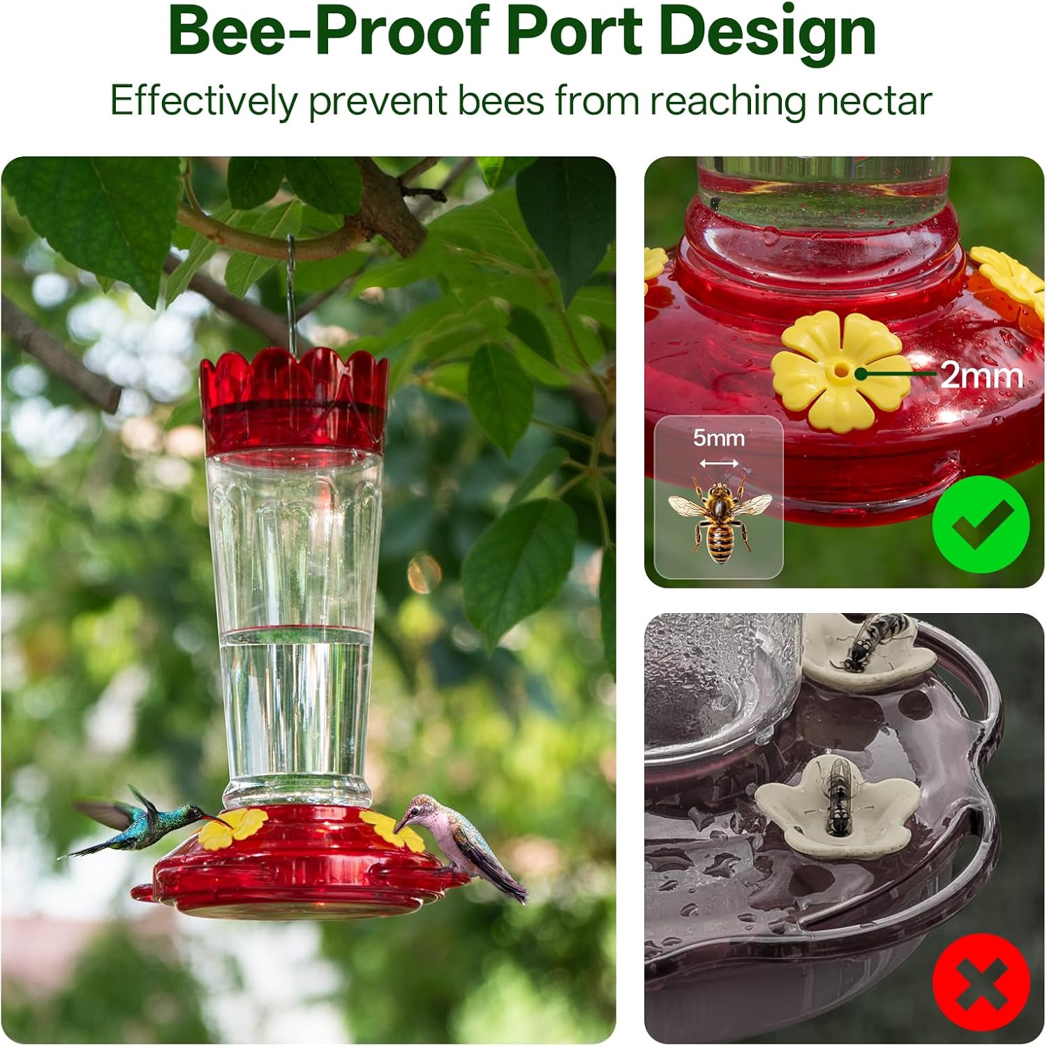 Plastic Hummingbird Feeder, 2-Pack 14 OZ Ant & Bee Proof Hummingbird Feeders for Outdoors Hanging, Leak-Proof Nectar Feeders with 4 Feeding Ports and Perches, Gifts for Mom, Birdlovers - Image 3