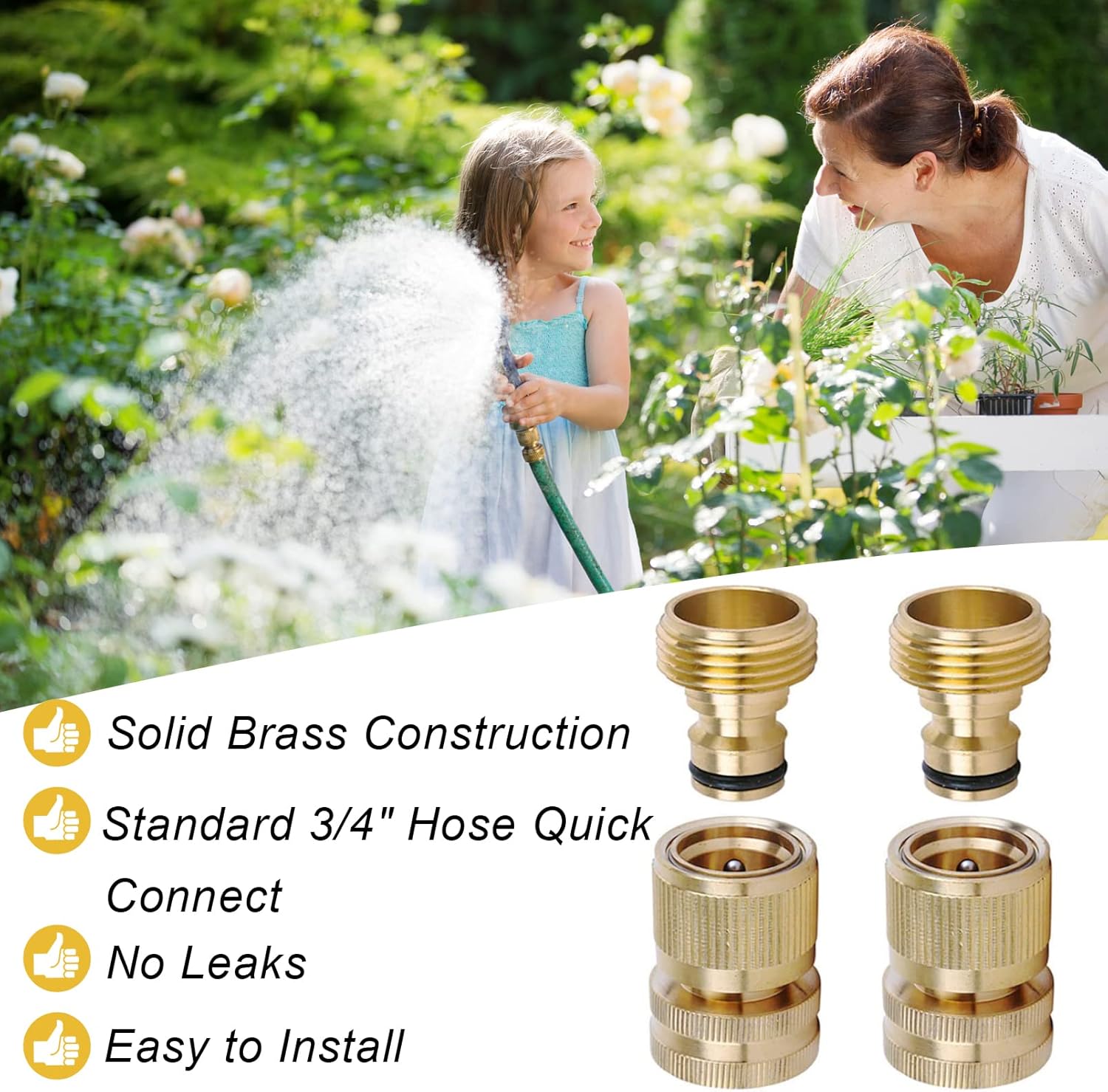 Brass Hose Quick Connect, 3/4 Inch GHT Thread Garden Hose Quick Connector No-Leak Water Hose Quick Connect Fittings Male and Female - 2Packs - Image 2