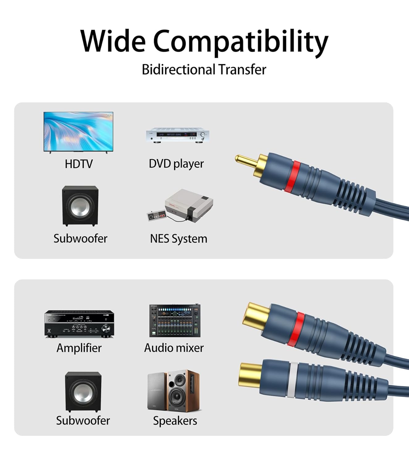 RCA Splitter 1 Male 2 Female 2 Pack, RCA Y Splitter Cable Audio Video Adapter Extension Cord 0.2m/8inch for Subwoofer Speakers - Image 4