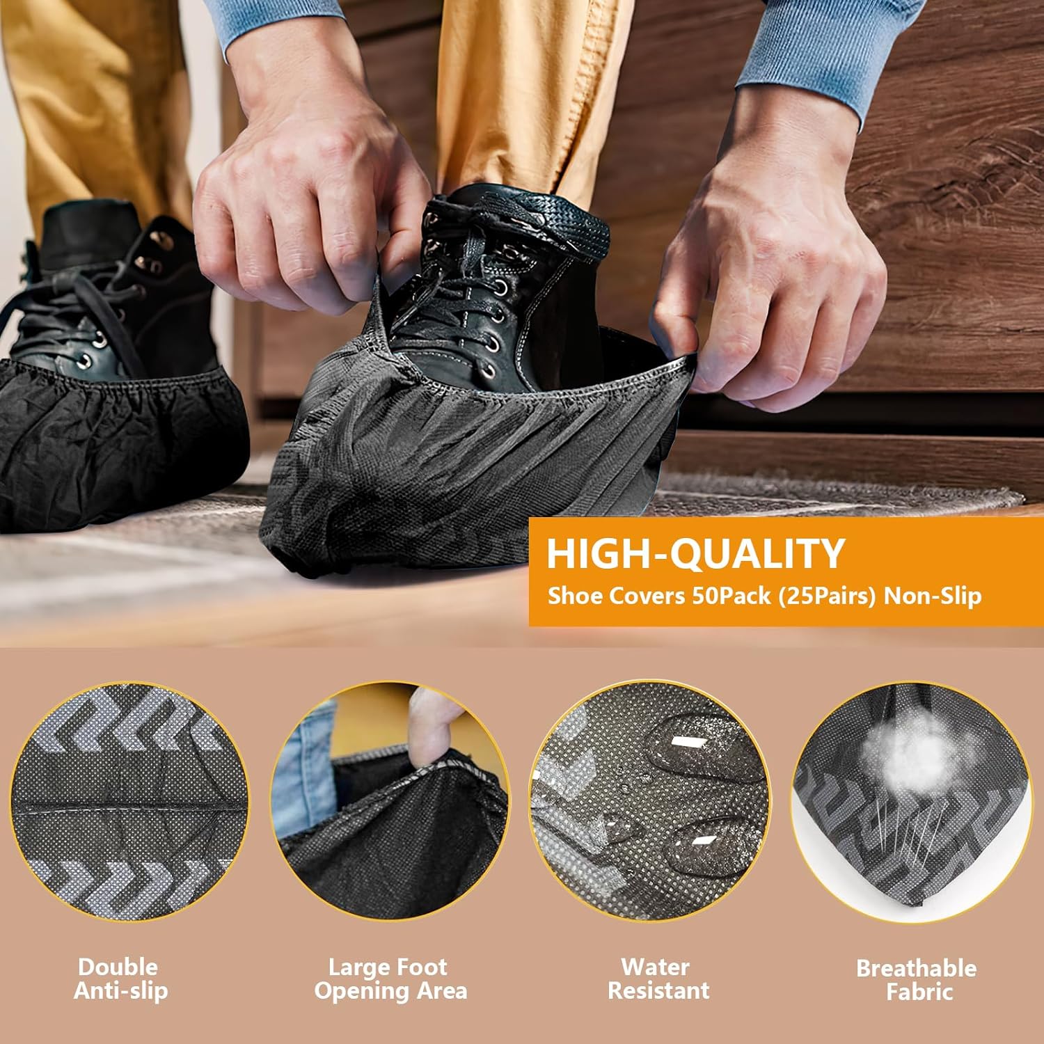 Shoe Covers Disposable 50 Pack (25 Pairs) - Durable, Non-Slip, Water Resistant, and Recyclable Boot Covers for Indoor and Outdoor Use - One Size Fits Most (Non-woven-Black) - Image 2