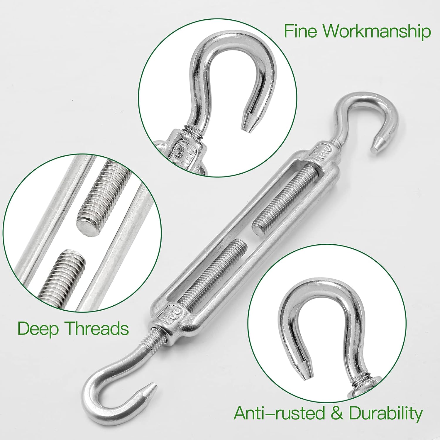 6PCS M6 Hook & Hook Turnbuckle 304 Stainless Steel Turnbuckle Wire Rope Tension Heavy Duty Turnbuckles for Cable Railing Wire Rope Hardware Kit (M6, Hook & Hook) - Image 2