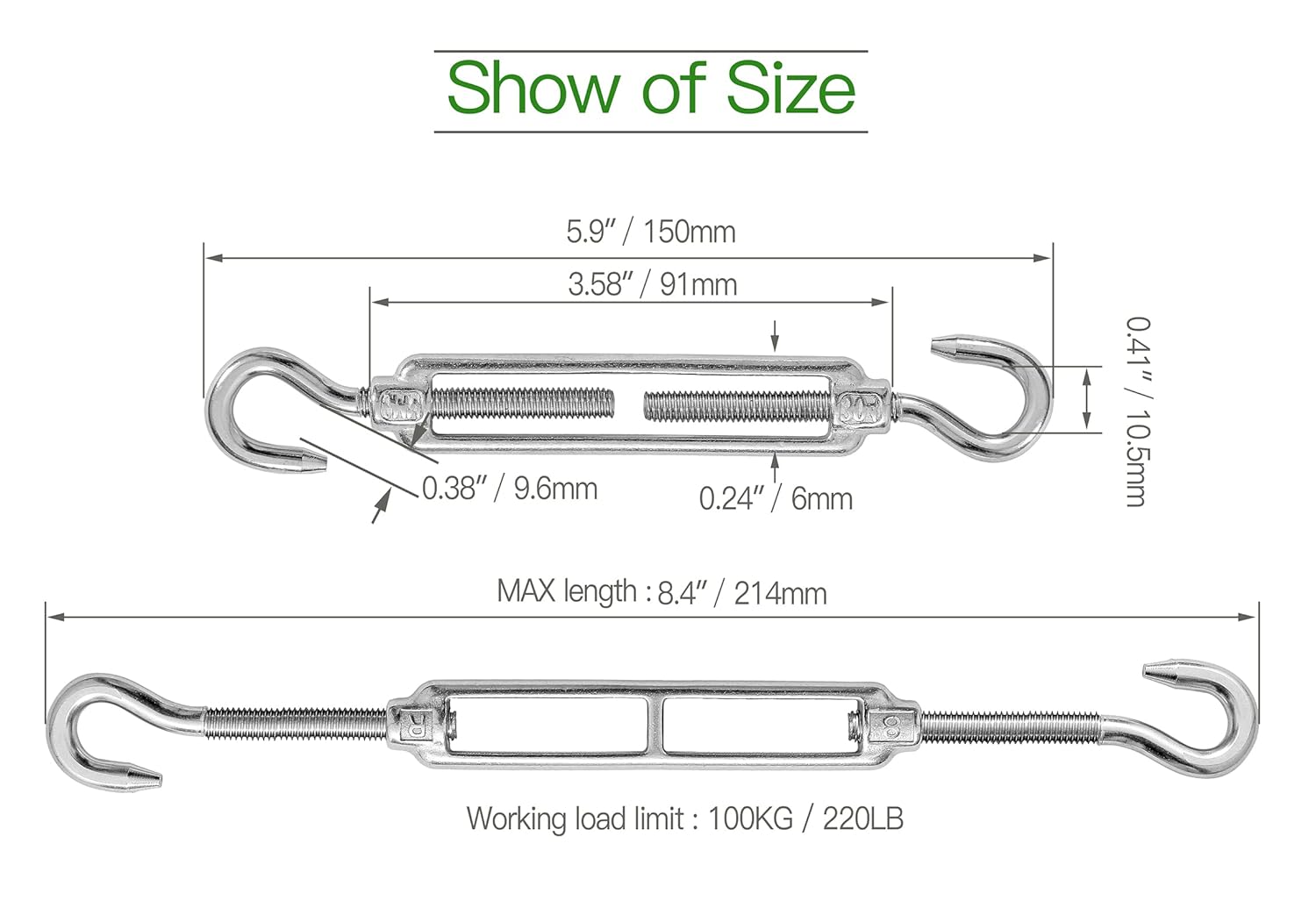 6PCS M6 Hook & Hook Turnbuckle 304 Stainless Steel Turnbuckle Wire Rope Tension Heavy Duty Turnbuckles for Cable Railing Wire Rope Hardware Kit (M6, Hook & Hook) - Image 4