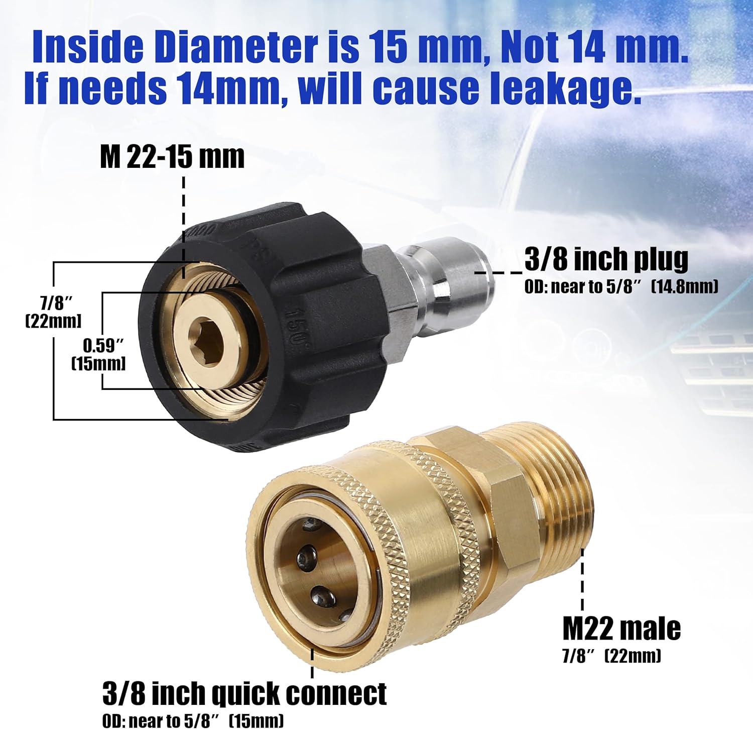 Pressure Washer Adapter Set, Quick Connect Kit, Metric M22 15mm Female to M22 Male Fitting, 5000 PSI, 4 Pcs - Image 3