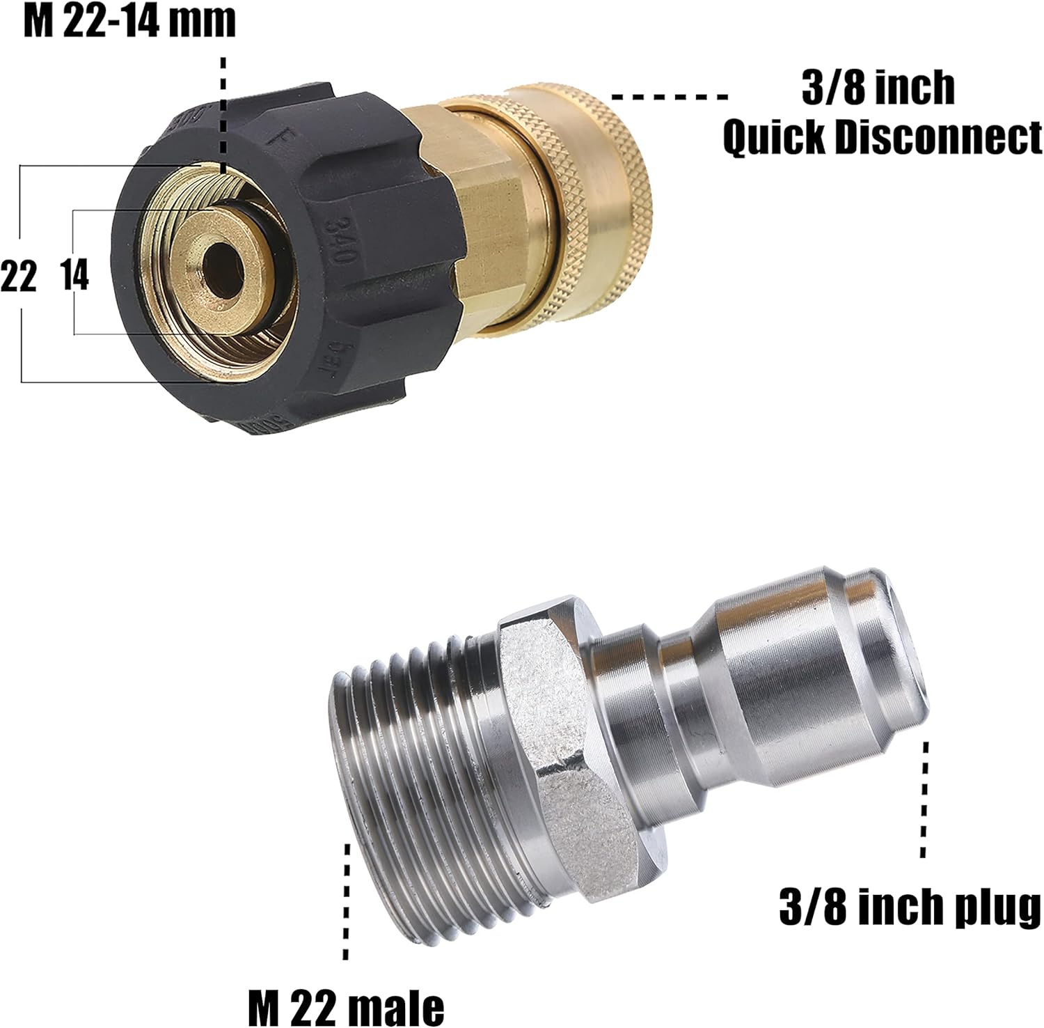 Pressure Washer Adapter, 3/8 Inch Quick Connect Kit, M22 14mm to M22 Metric Fitting, 5000 PSI - Image 3