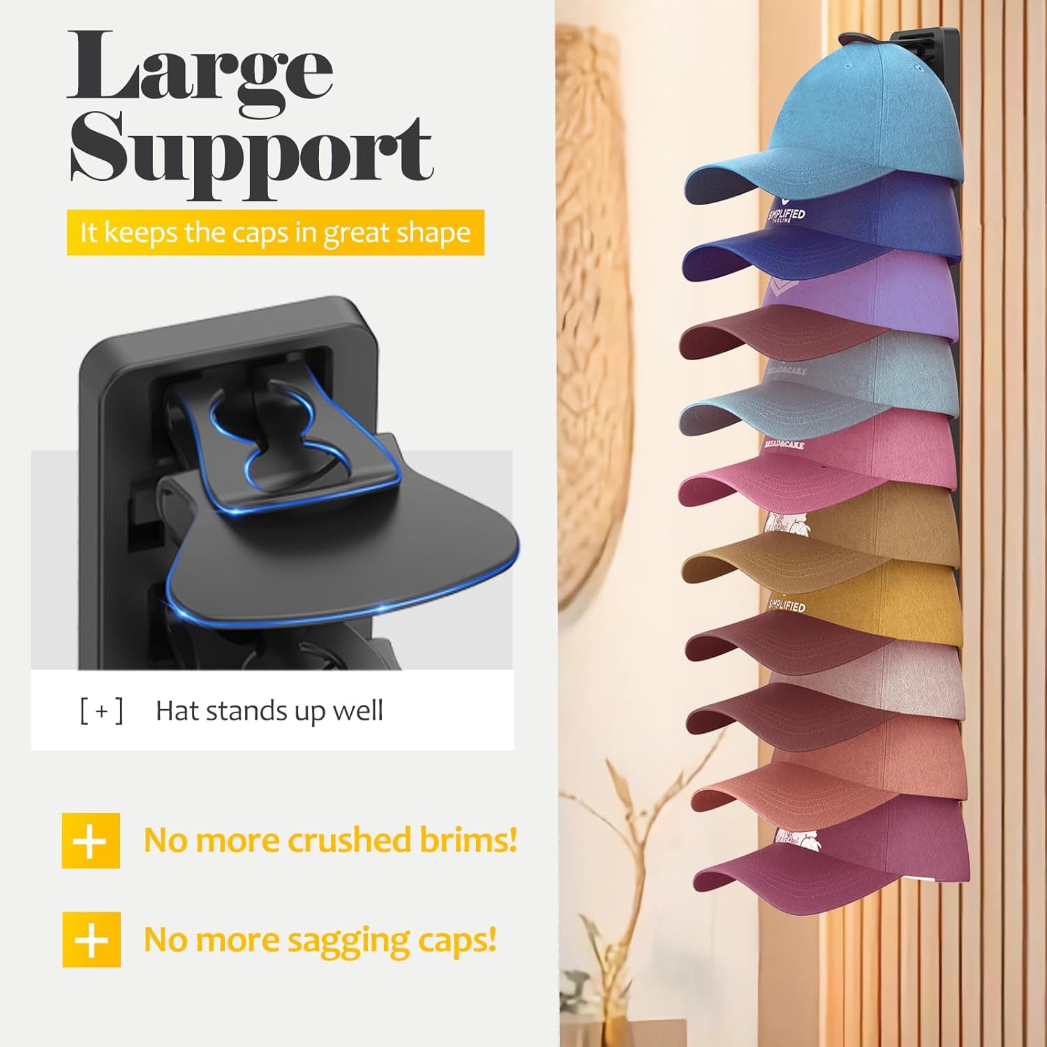 Hat Organizer for Baseball Caps 1 Pack, Adhesive Hat Rack for Wall, Baseball Cap Organizer (Black) - Image 3