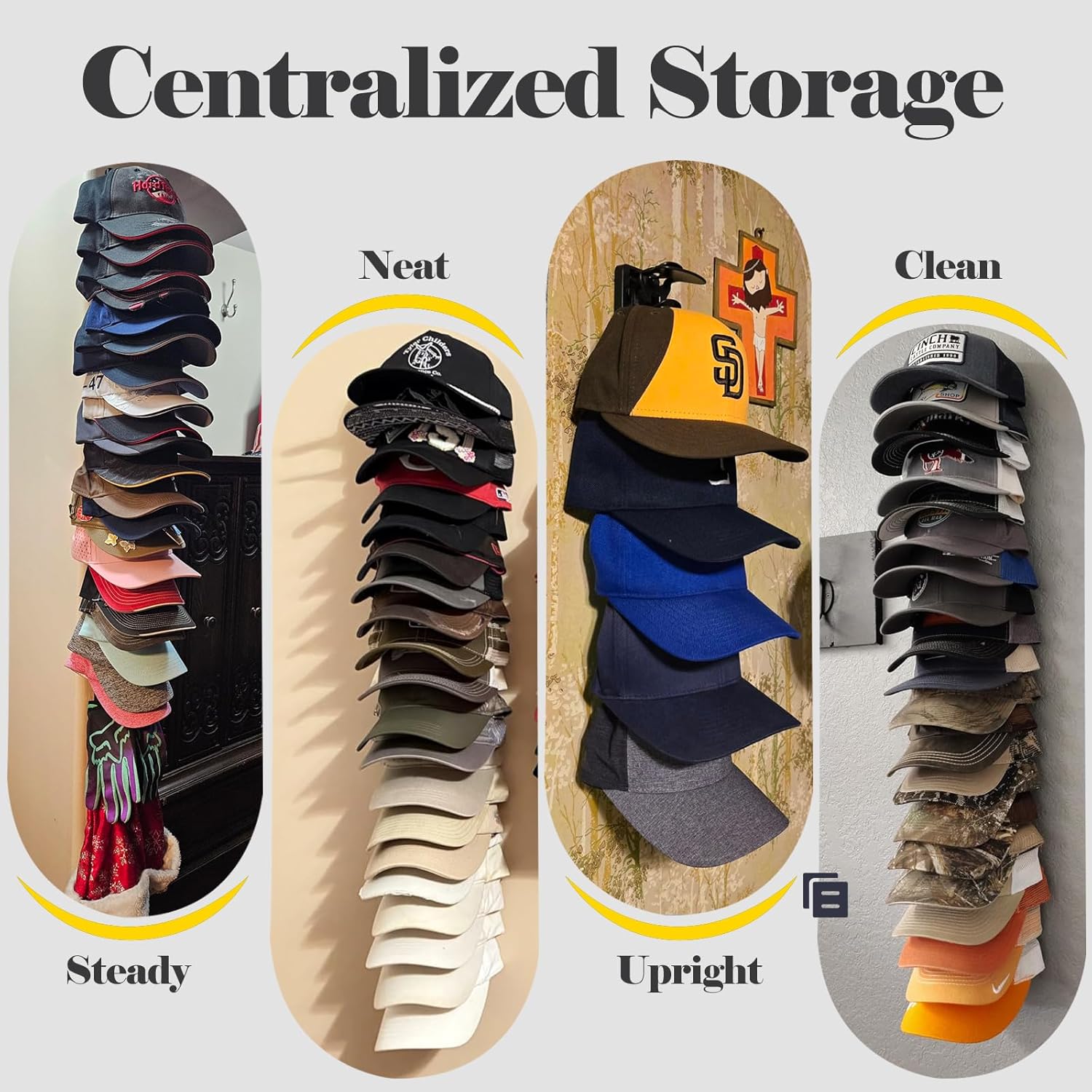 Hat Organizer for Baseball Caps 1 Pack, Adhesive Hat Rack for Wall, Baseball Cap Organizer (Black) - Image 7