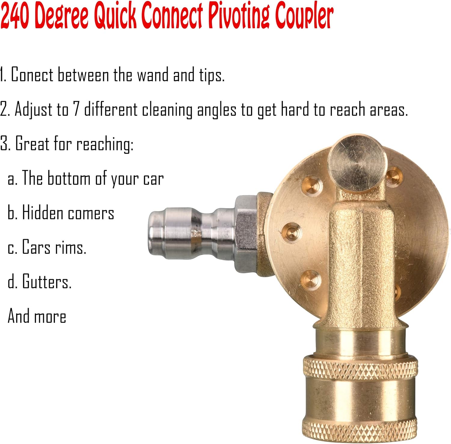 Pivoting Coupler for Pressure Washer Tips, Gutter Cleaner Attachment, 1/4 Inch Quick Disconnect, 240 Degree, 4500 PSI - Image 4