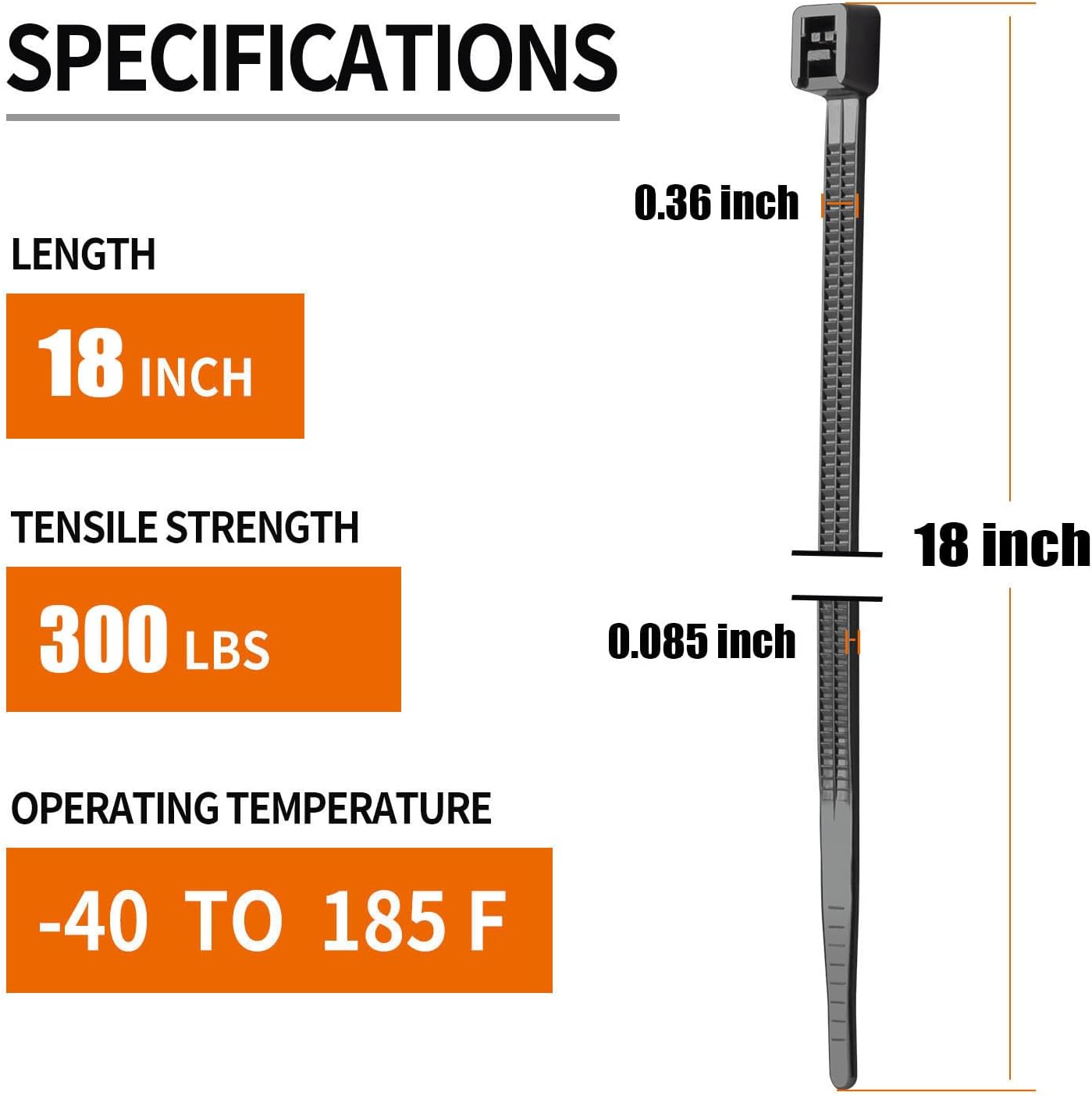 18 Inch Black Zip Ties Heavy Duty 100 Pack Long Cable Ties, 300 LBS Ultra Strong Tensile Strength, Self-Locking UV Resistant for Indoor and Outdoor Use - Image 2