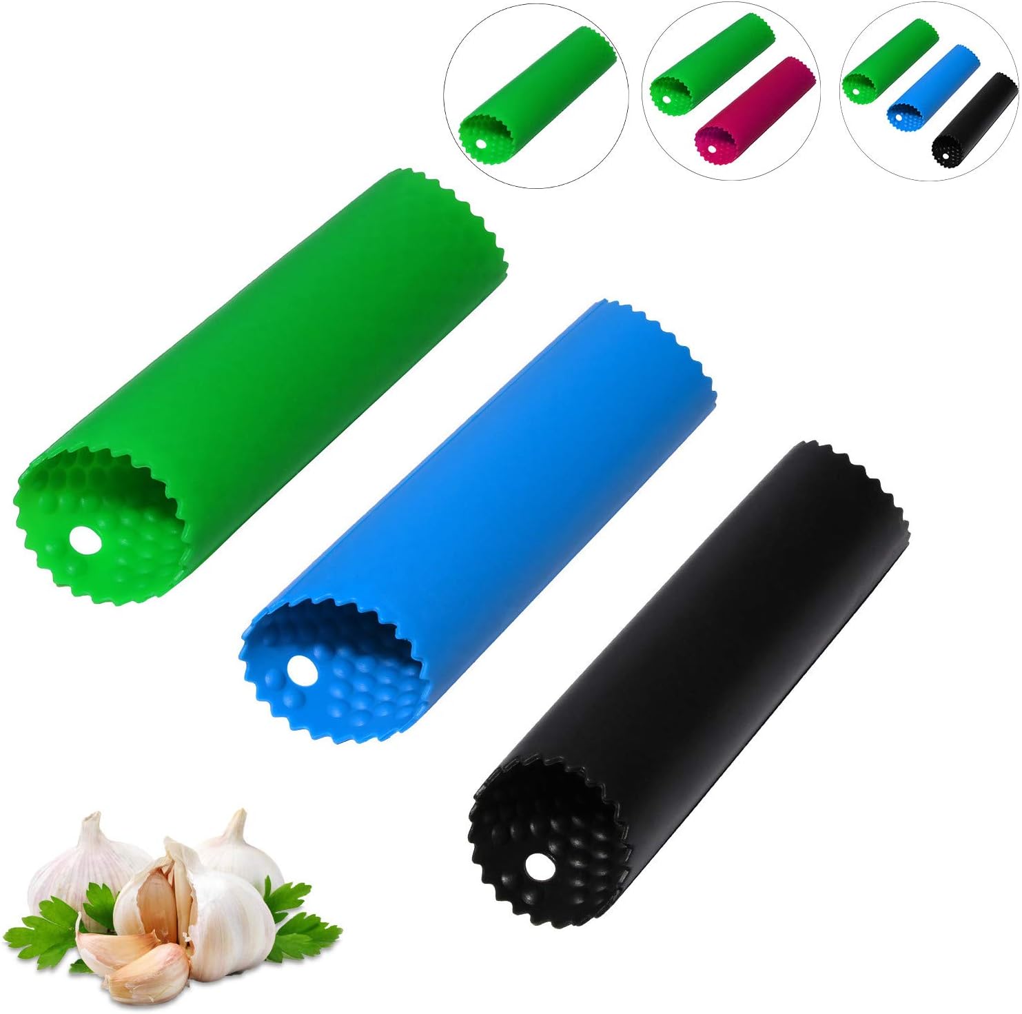 Garlic Peeler Skin Remover Roller Keeper,Easy Quick to Peeled Garlic Cloves with Silicone Tube Roller Garlic Peeling Kitchen Tool(3 Colors) - Image 1