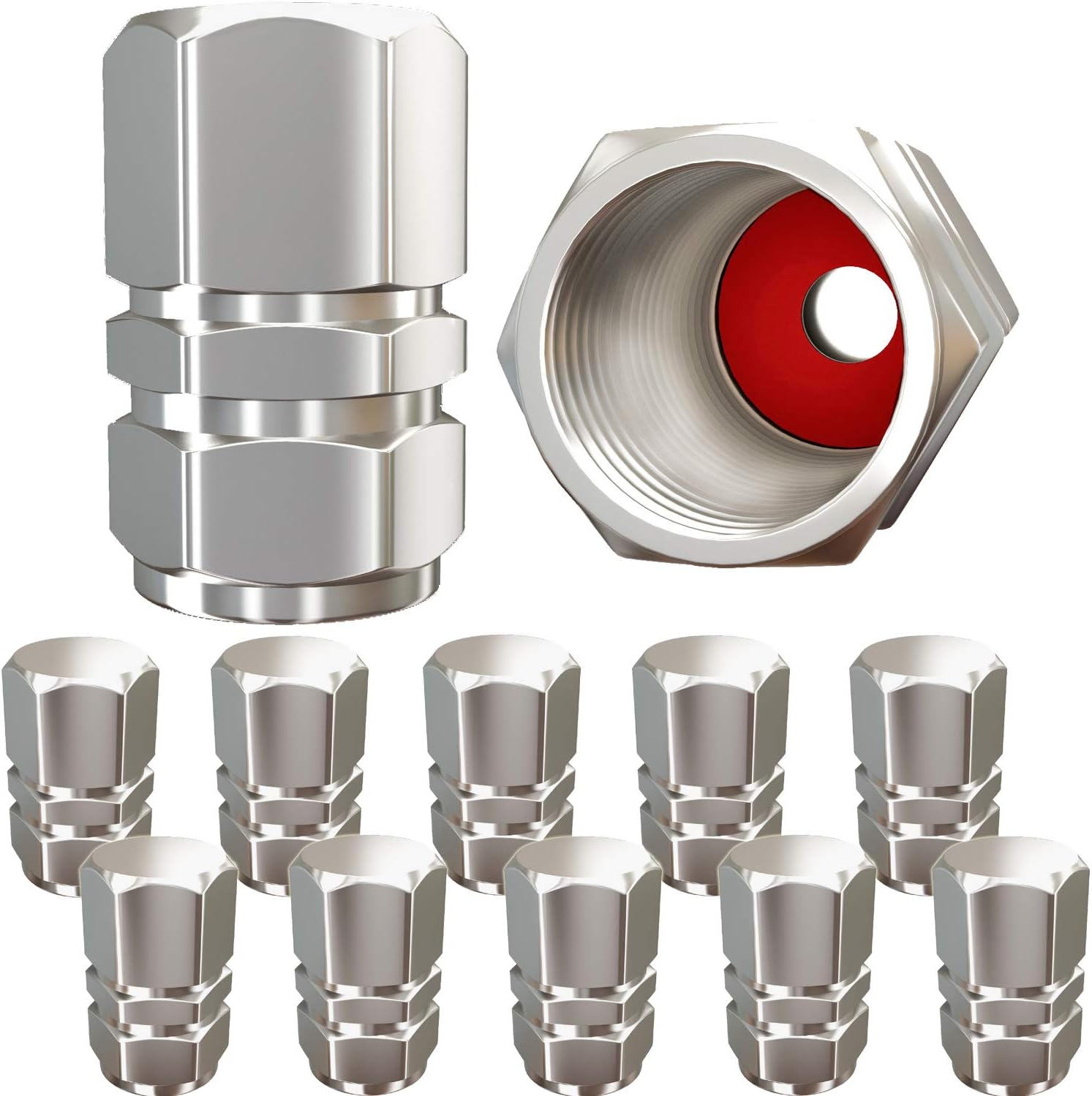 Tire Valve Caps (12 Pack) Heavy-Duty Stem Covers | Dust Proof, with O Rubber Seal | Hexagon Design | Outdoor, All-Weather, Leak-Proof Air Protection | Light-Weight Universal Aluminum Alloy (Silver) - Image 1