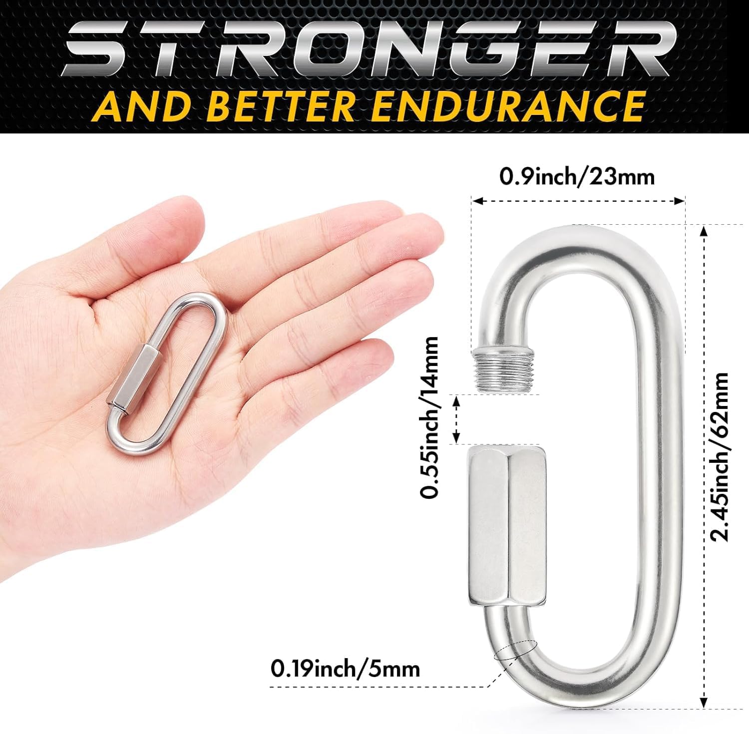 Stainless Steel Chain Quick Links - 304 Stainless Stee Chain Connector, Screw Carabiner, Chain Hooks, Set of 6 - Image 2