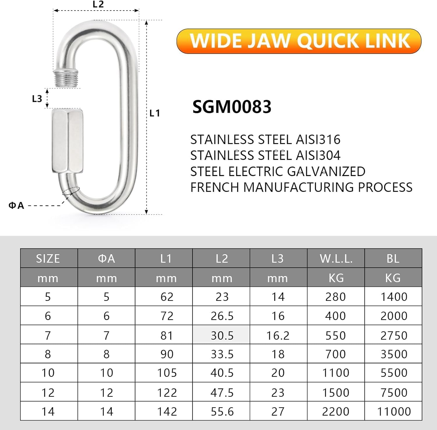 Stainless Steel Chain Quick Links - 304 Stainless Stee Chain Connector, Screw Carabiner, Chain Hooks, Set of 6 - Image 7