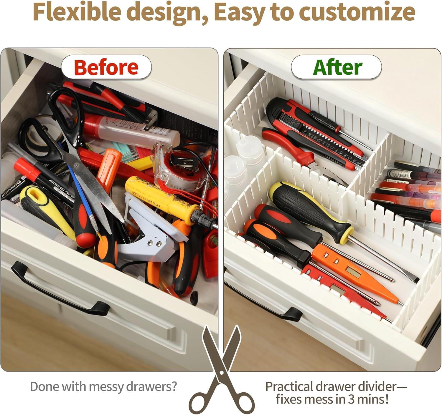 Drawer Divider Adjustable DIY Storage Organizer Separator for Tidying Clutter Cutlery Underwear Socks Clothes Dresses Desk & Box in Kitchen Bathroom Bedroom Office (Cut at Will) - Image 3