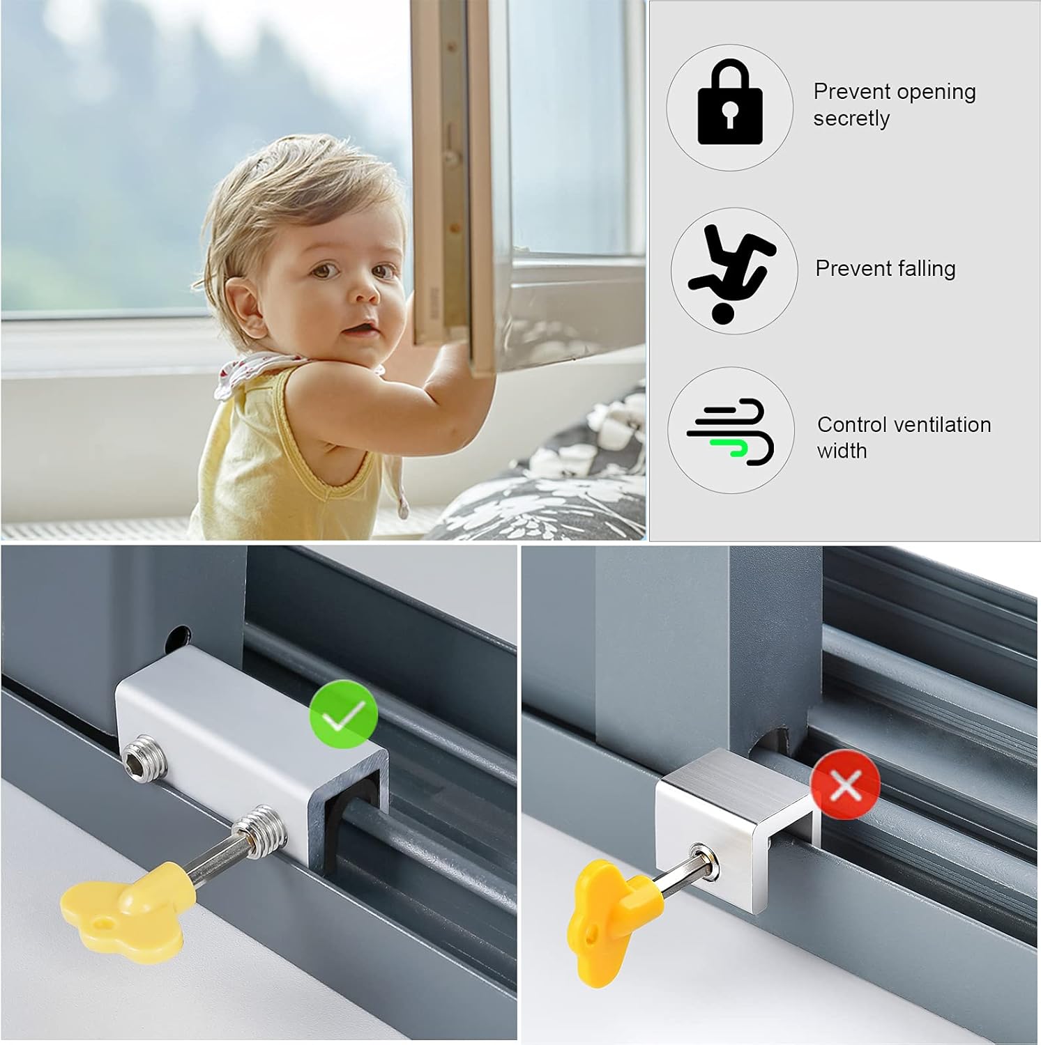 Window Locks, 4 Sets Sliding Security Window Lock with Key for Vertical & Horizontal Sliding Windows & Sliding Doors, Adjustable Window Locks Security Window Stoppers for Patio Bedroom Home and Office - Image 6